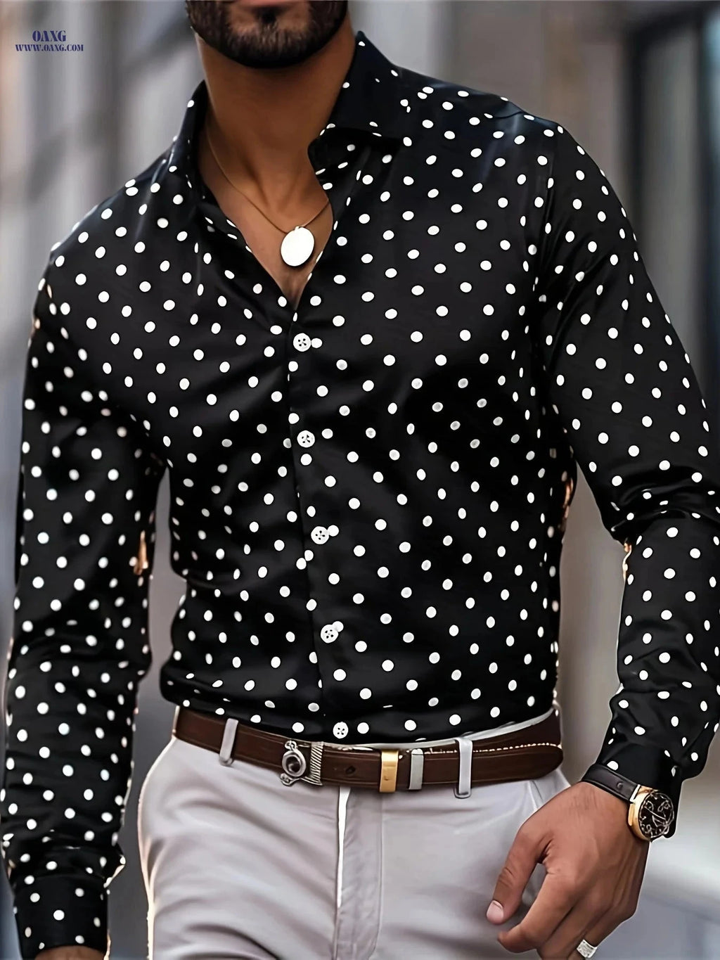 Men's Printed Long Sleeve Shirt - Fashionable Polyester for Spring/Fall   OAXG Black / FR S