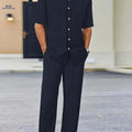 Men's Pure Texture Striped Casual Outfit - Short Sleeve Shirt & Pants   OAXG 