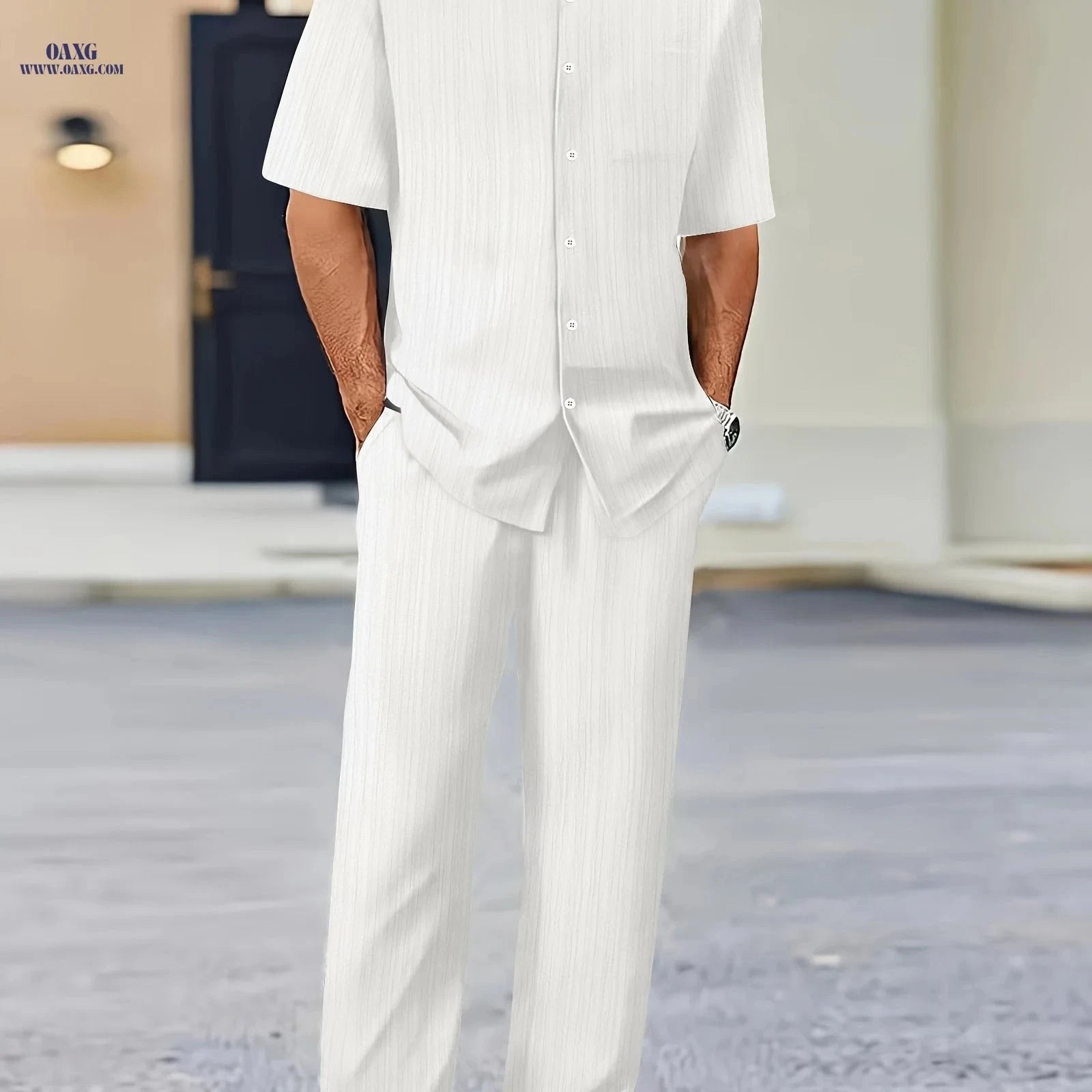 Men's Pure Texture Striped Casual Outfit - Short Sleeve Shirt & Pants   OAXG 