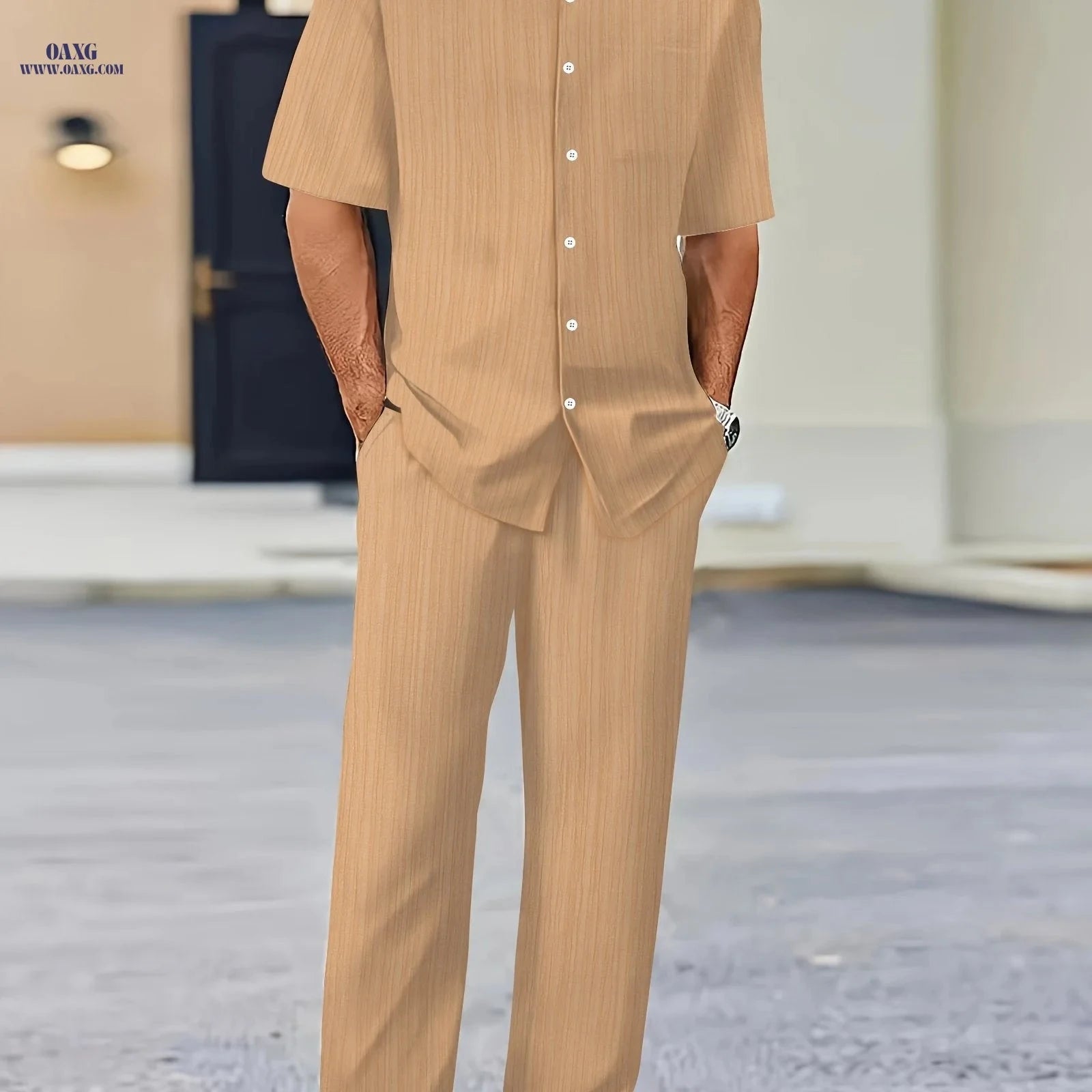 Men's Pure Texture Striped Casual Outfit - Short Sleeve Shirt & Pants   OAXG 