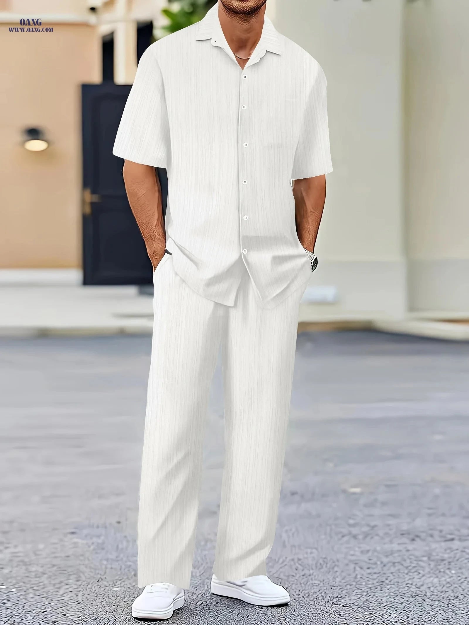 Men's Pure Texture Striped Casual Outfit - Short Sleeve Shirt & Pants   OAXG 
