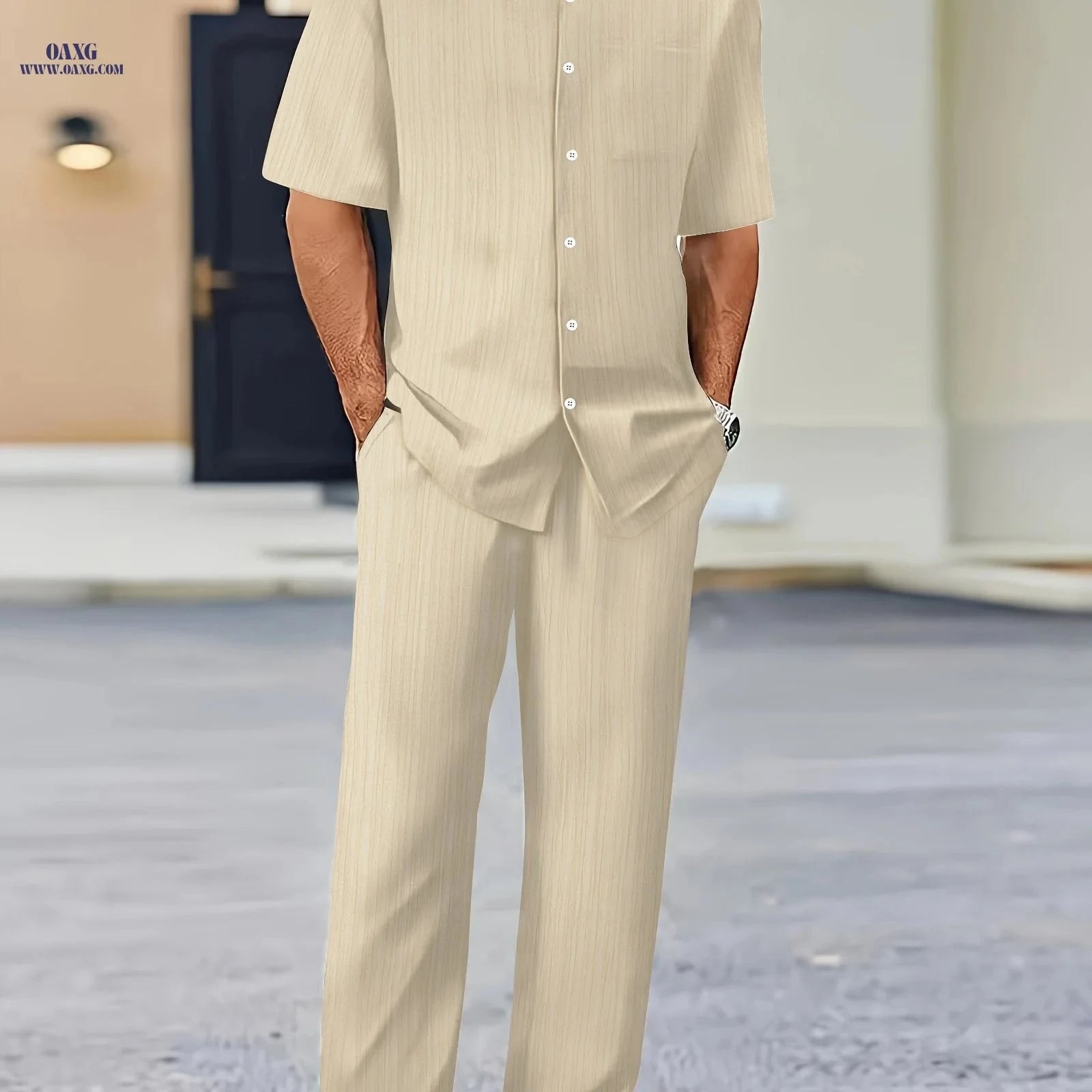 Men's Pure Texture Striped Casual Outfit - Short Sleeve Shirt & Pants   OAXG 