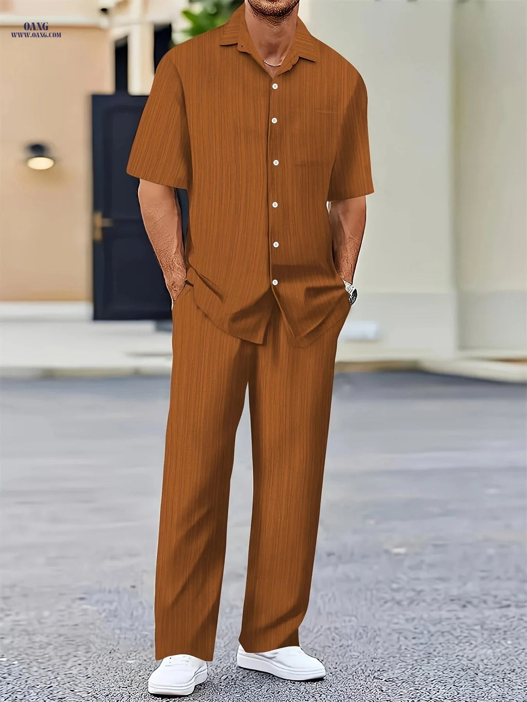 Men's Pure Texture Striped Casual Outfit - Short Sleeve Shirt & Pants   OAXG 
