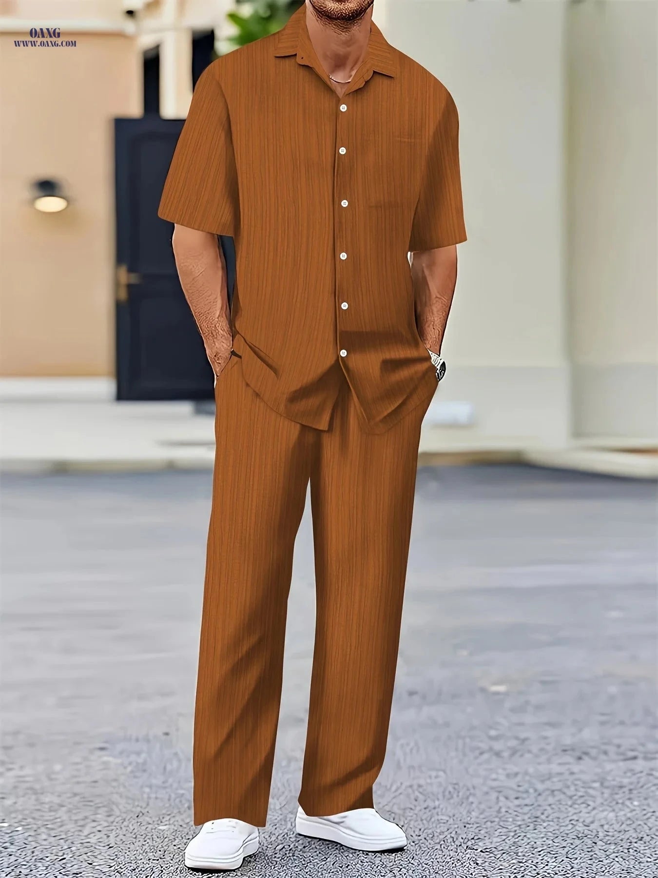 Men's Pure Texture Striped Casual Outfit - Short Sleeve Shirt & Pants   OAXG 