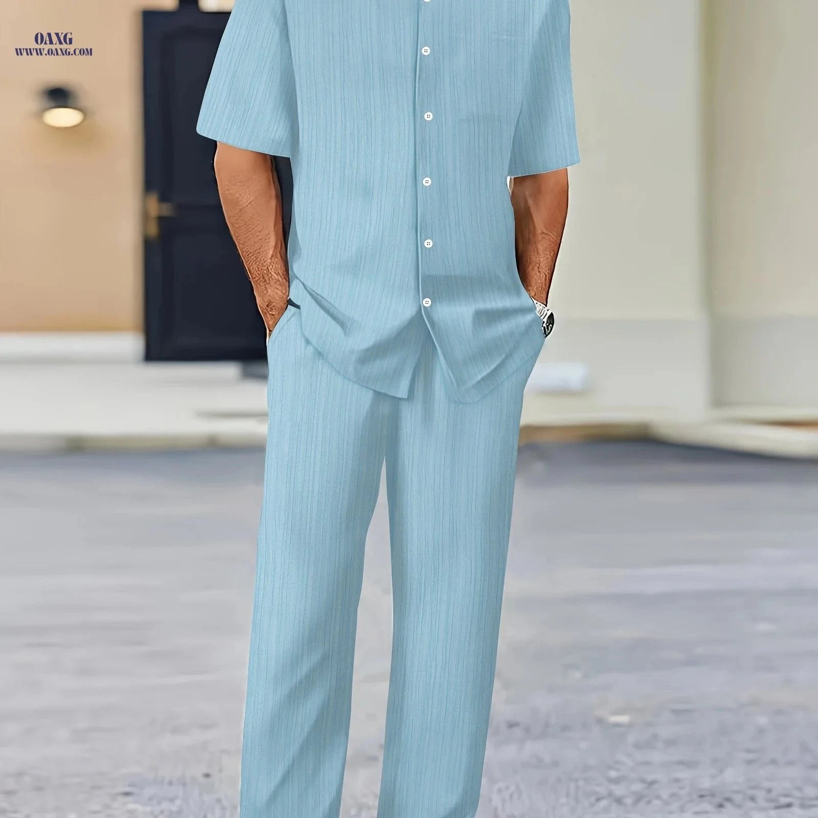 Men's Pure Texture Striped Casual Outfit - Short Sleeve Shirt & Pants   OAXG 