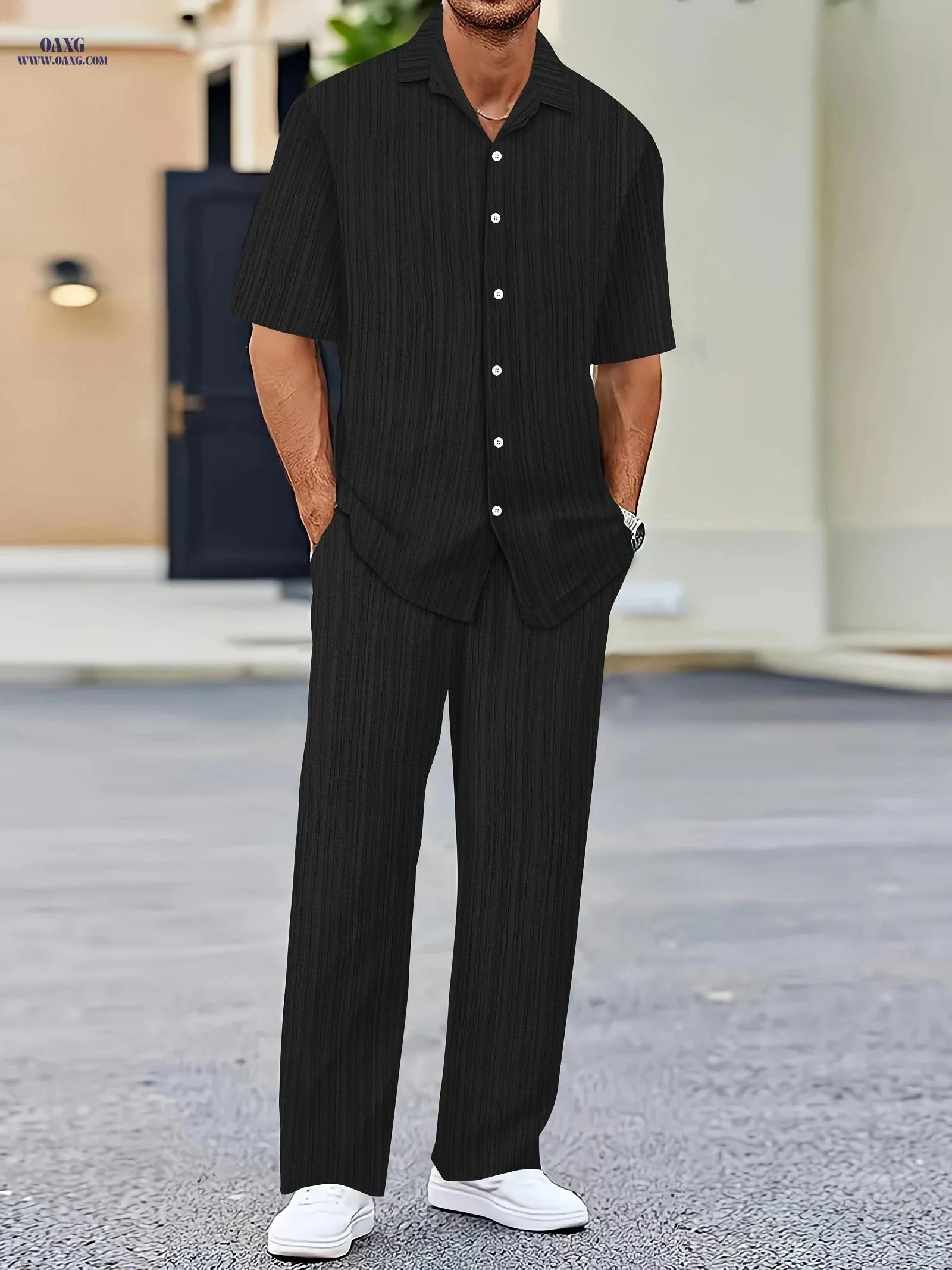 Men's Pure Texture Striped Casual Outfit - Short Sleeve Shirt & Pants   OAXG 