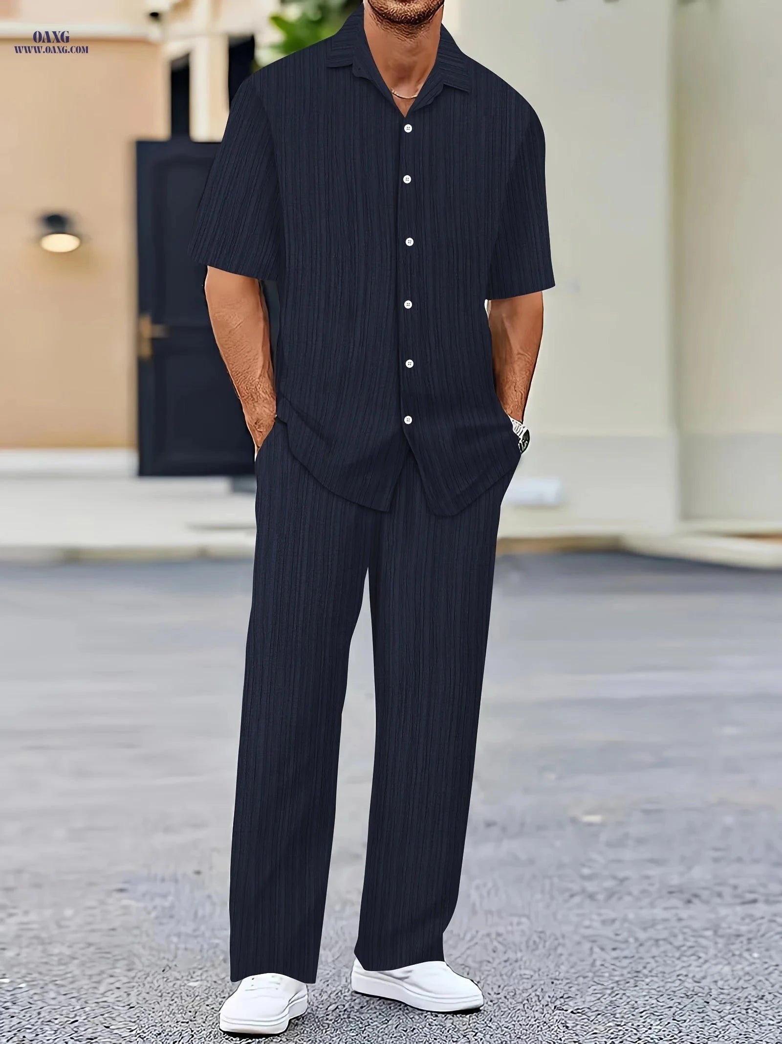 Men's Pure Texture Striped Casual Outfit - Short Sleeve Shirt & Pants   OAXG 