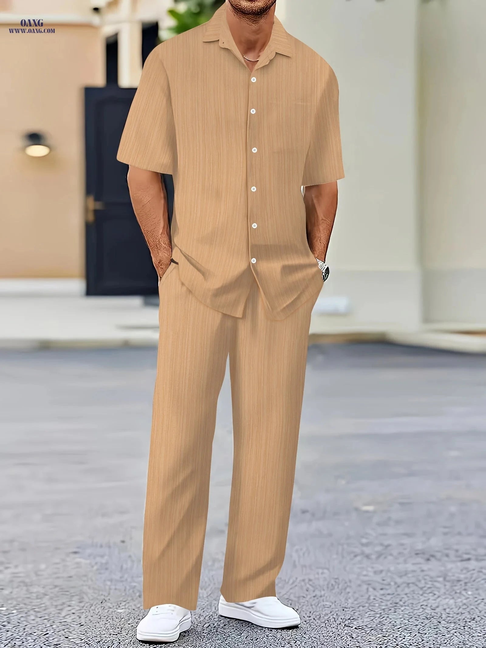 Men's Pure Texture Striped Casual Outfit - Short Sleeve Shirt & Pants   OAXG Navy Color / FR S
