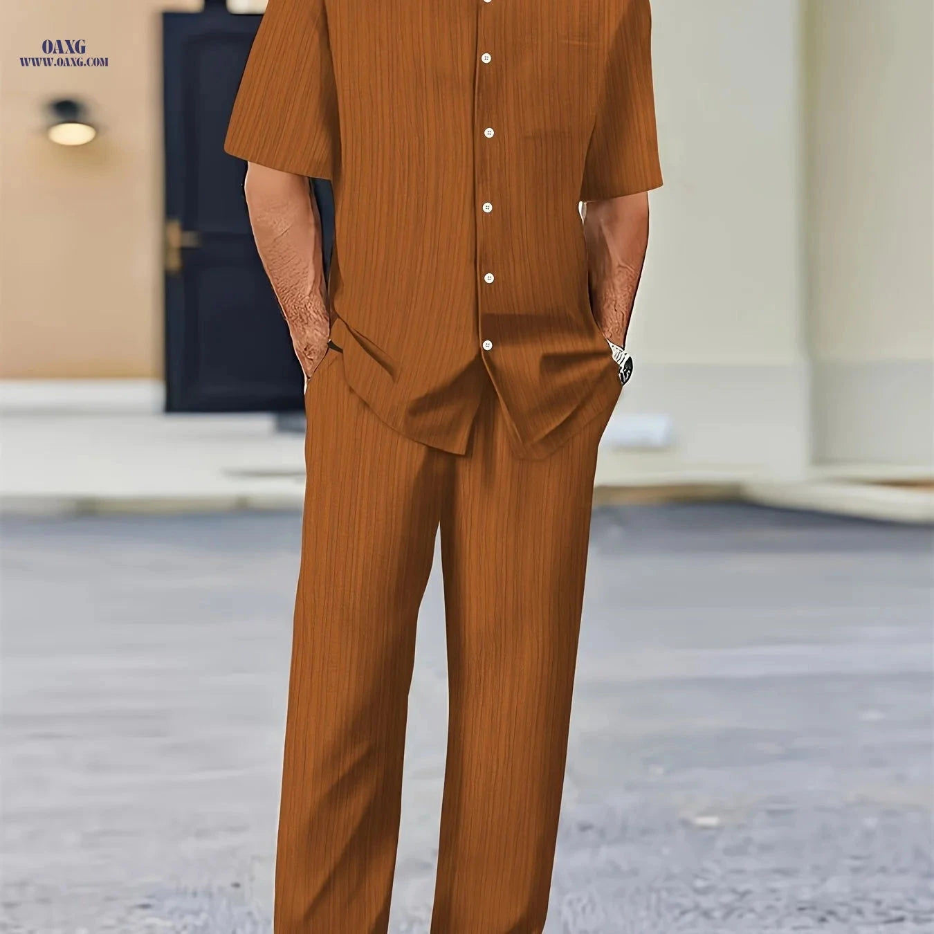 Men's Pure Texture Striped Casual Outfit - Short Sleeve Shirt & Pants   OAXG Navy Color / FR S