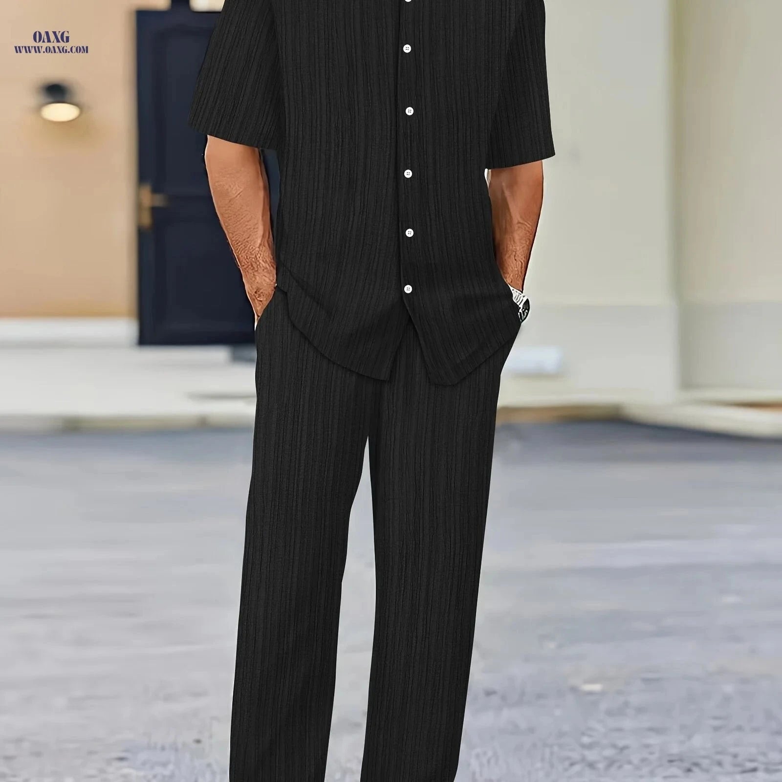 Men's Pure Texture Striped Casual Outfit - Short Sleeve Shirt & Pants   OAXG Navy Color / FR S