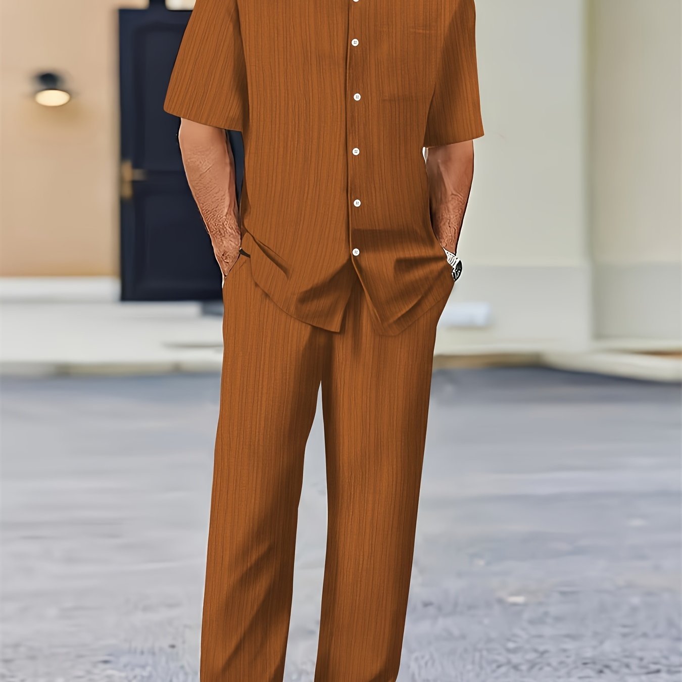 Men's Pure Texture Striped Casual Outfit - Short Sleeve Shirt & Pants   OAXG 