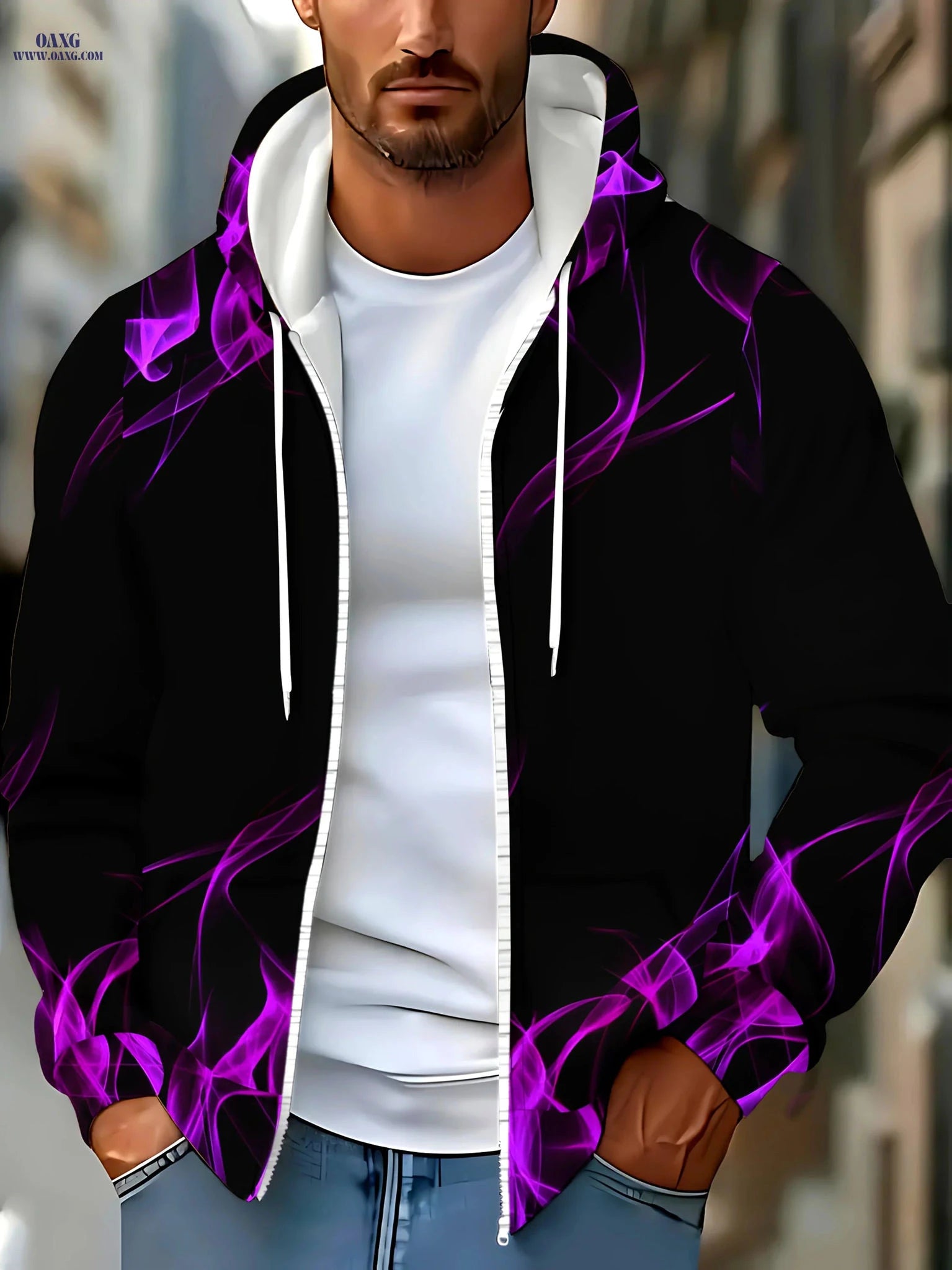 Men's Purple Smoke Zip-Up Hooded Sweatshirt - Casual Fall Jacket   OAXG 