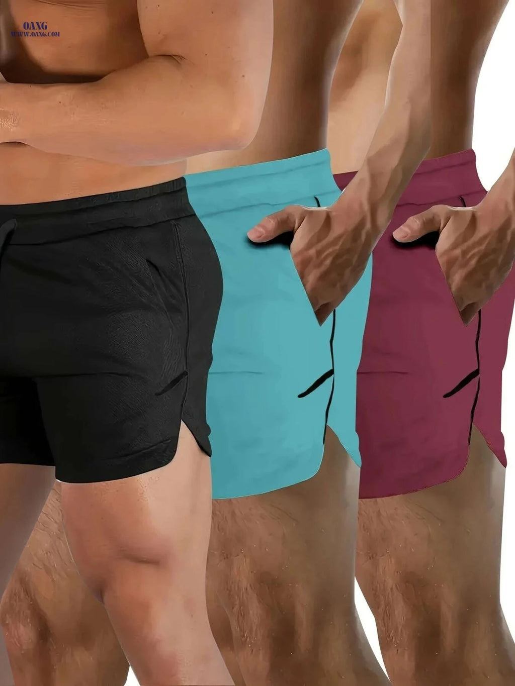 Men's Quick-Dry Athletic Shorts - Zippered Pockets, Breathable Mesh   OAXG Black + Royal Blue + Light Green / S