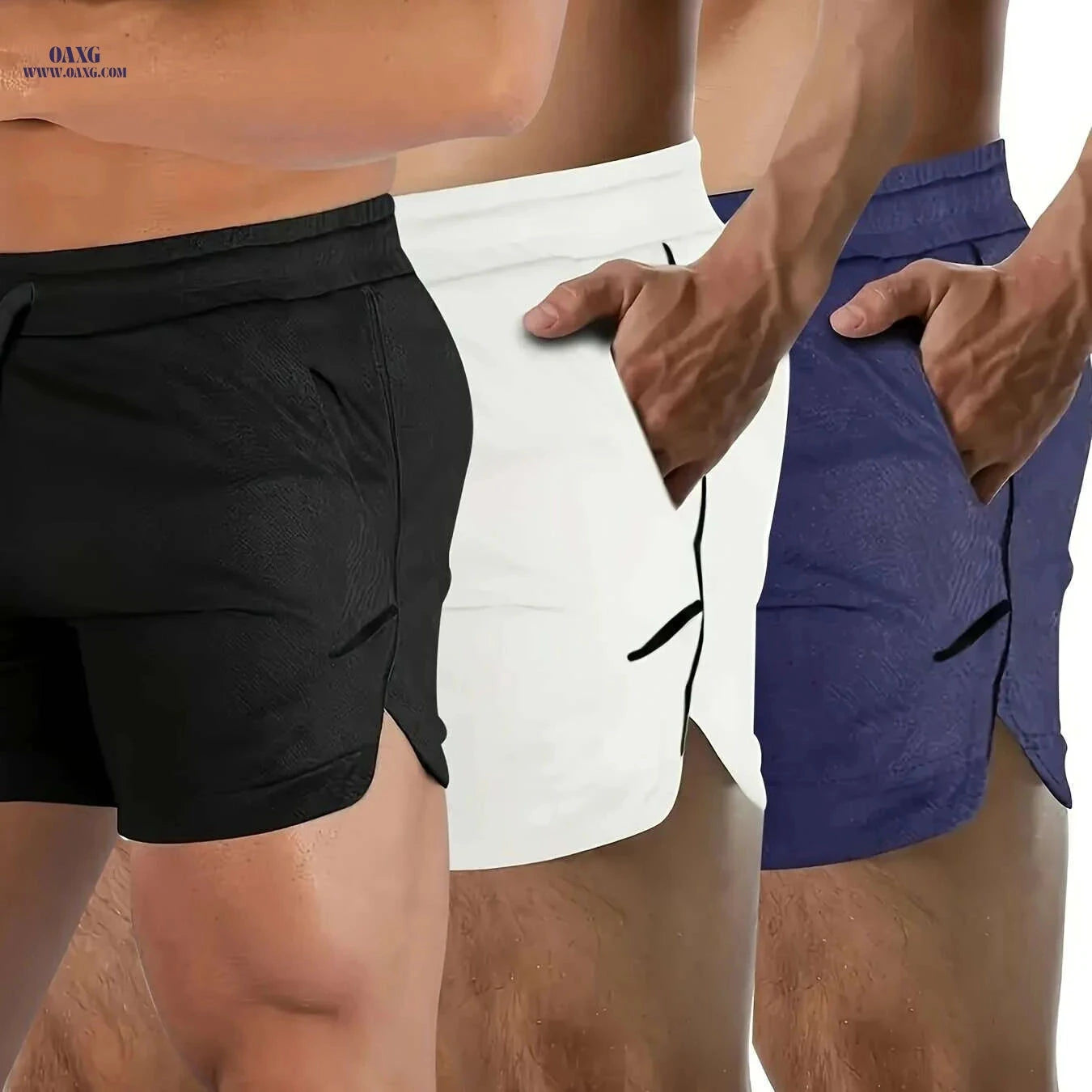 Men's Quick-Dry Athletic Shorts - Zippered Pockets, Breathable Mesh   OAXG Black + Royal Blue + Light Green / S