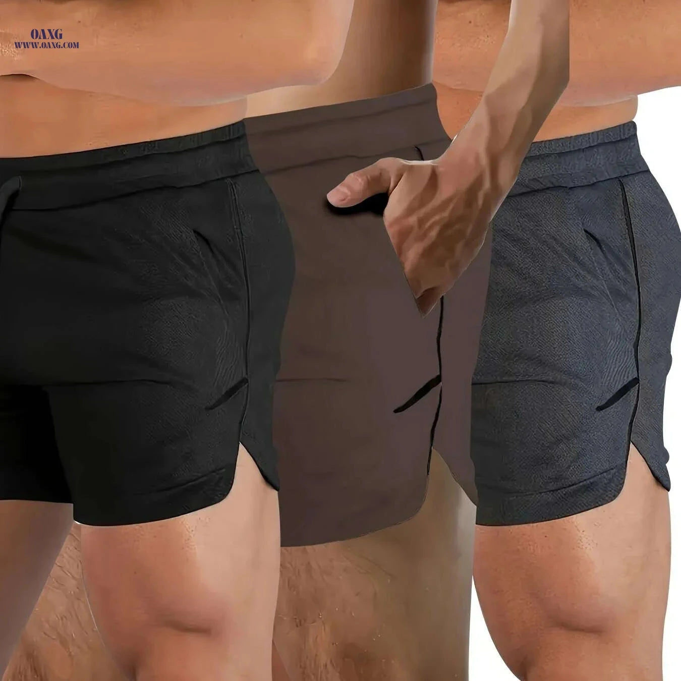 Men's Quick-Dry Athletic Shorts - Zippered Pockets, Breathable Mesh   OAXG Black + Royal Blue + Light Green / S