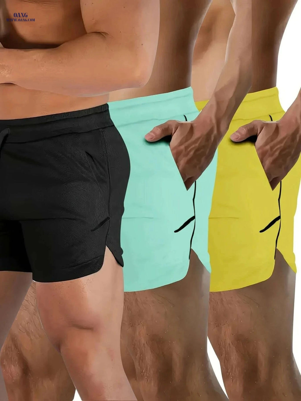 Men's Quick-Dry Athletic Shorts - Zippered Pockets, Breathable Mesh   OAXG Black + Royal Blue + Light Green / S