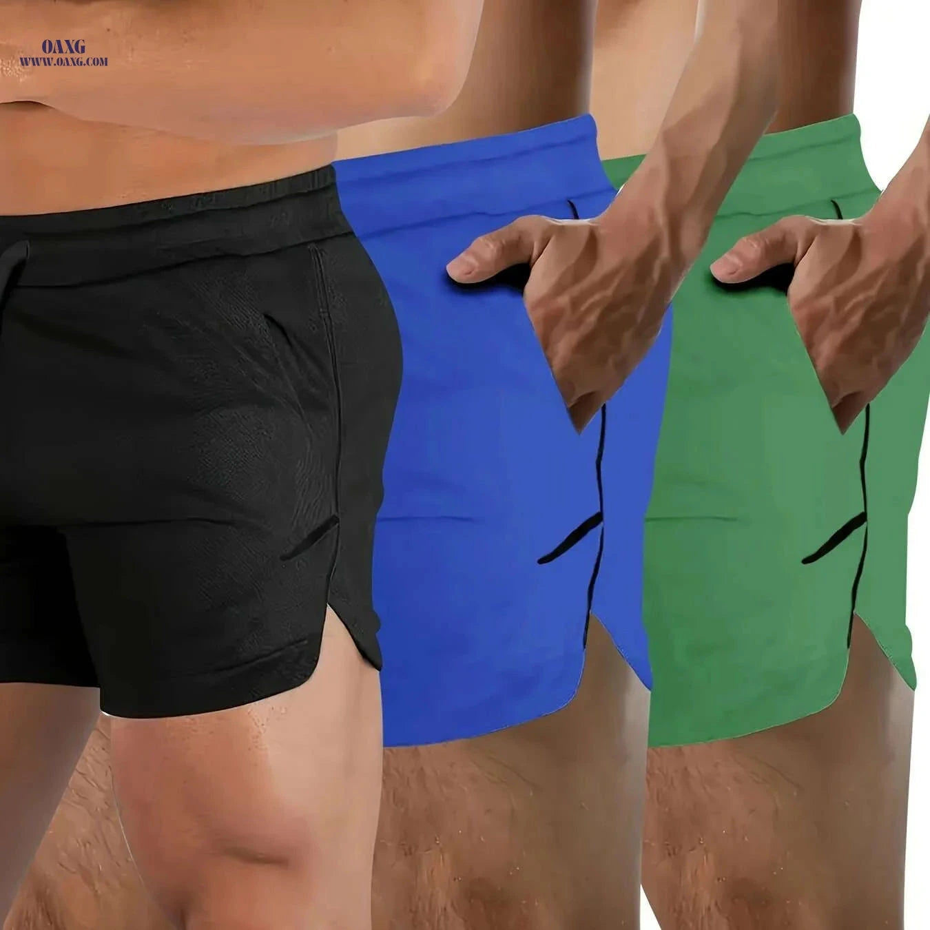 Men's Quick-Dry Athletic Shorts - Zippered Pockets, Breathable Mesh   OAXG Black + Royal Blue + Light Green / S