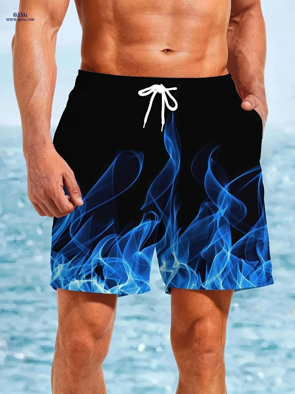 Men's Quick-Dry Beach Shorts - Blue Flame Print Swim Trunks   OAXG 