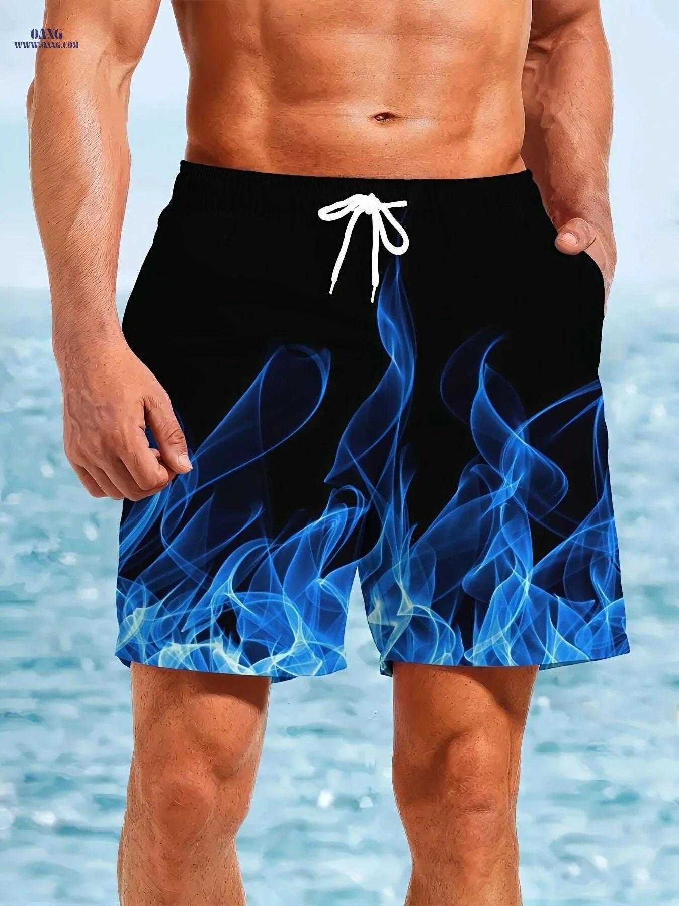 Men's Quick-Dry Beach Shorts - Blue Flame Print Swim Trunks   OAXG 