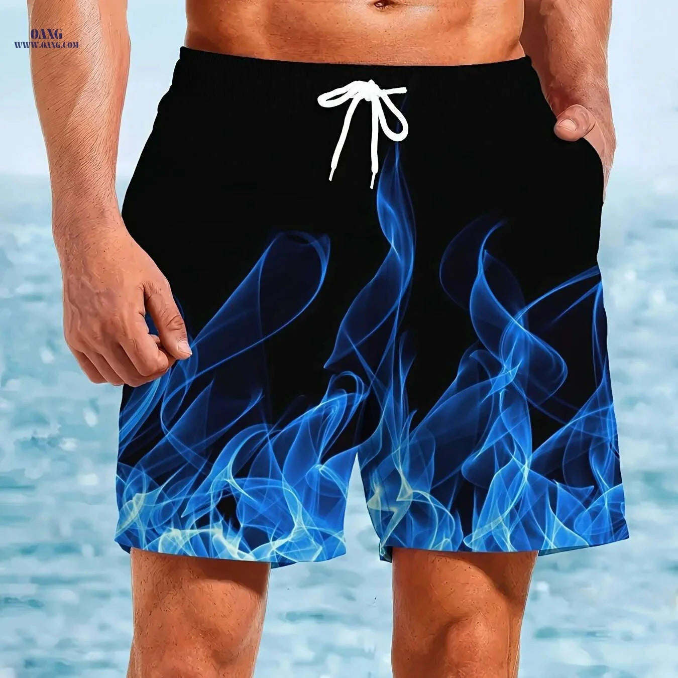 Men's Quick-Dry Beach Shorts - Blue Flame Print Swim Trunks   OAXG Mixed Color / S