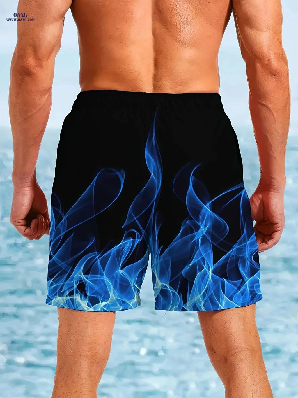 Men's Quick-Dry Beach Shorts - Blue Flame Print Swim Trunks   OAXG Mixed Color / S