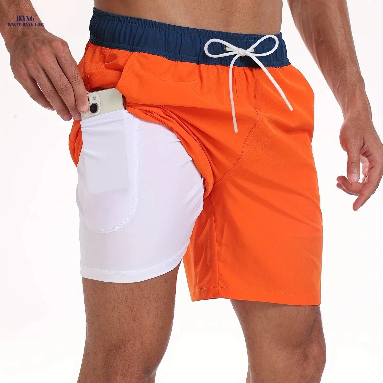 Men's Quick-Dry Beach Shorts - Casual Loose Fit, Stretch Polyester   OAXG Orange / FR S