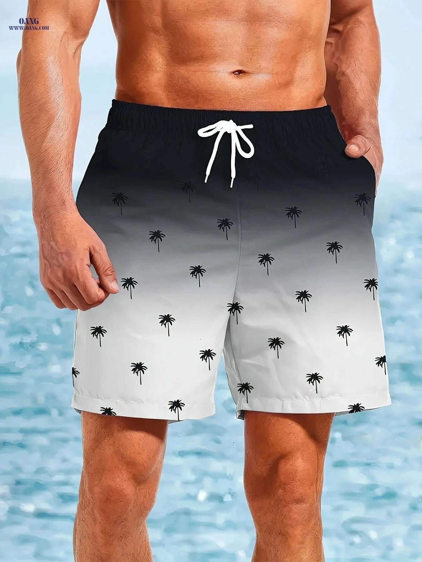 Men's Quick-Dry Beach Shorts - Gradient Palm Tree Print for Summer Fun   OAXG 