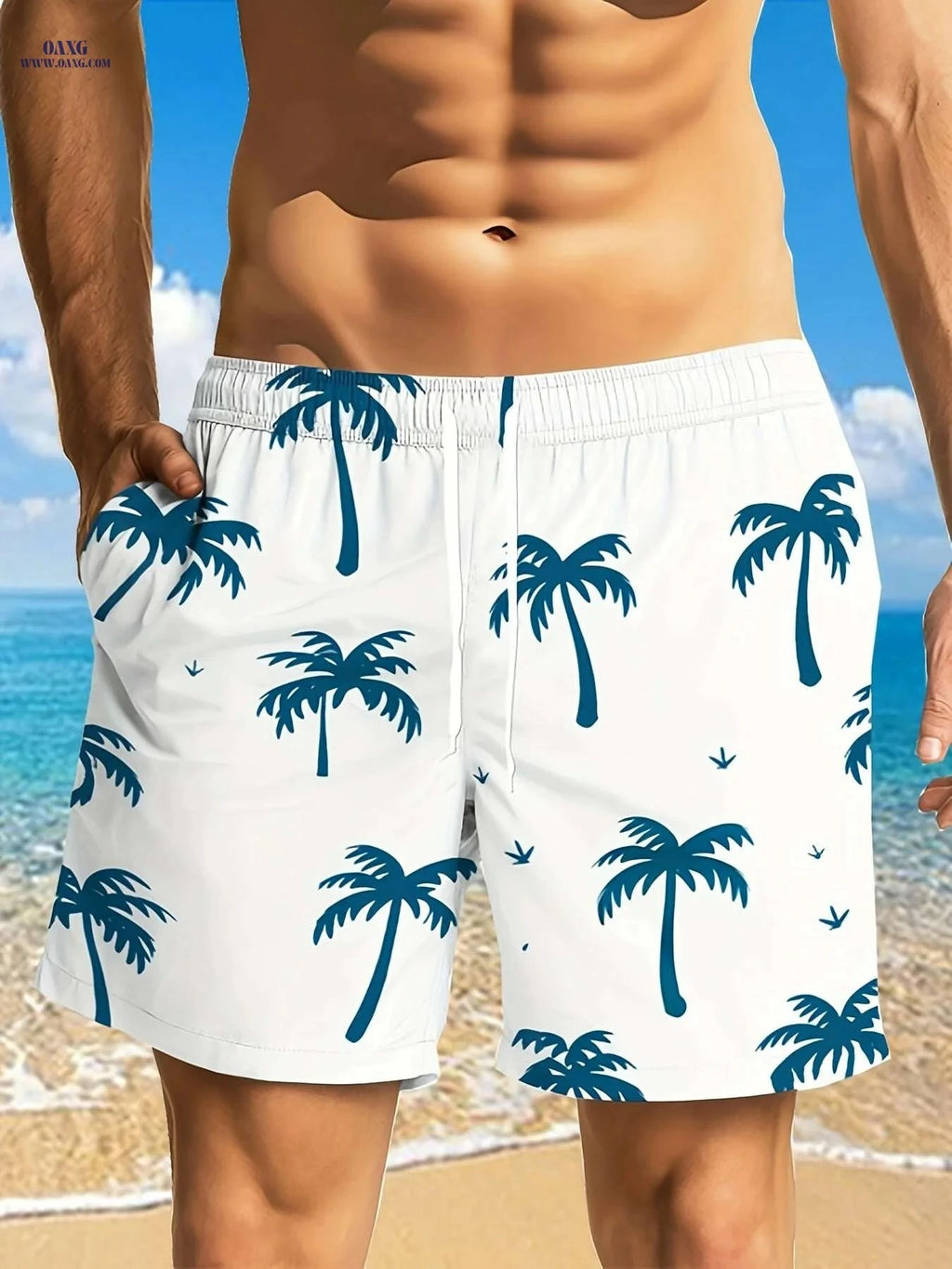 Men's Quick-Dry Beach Shorts - Tropical Palm Print, Relaxed Fit   OAXG 