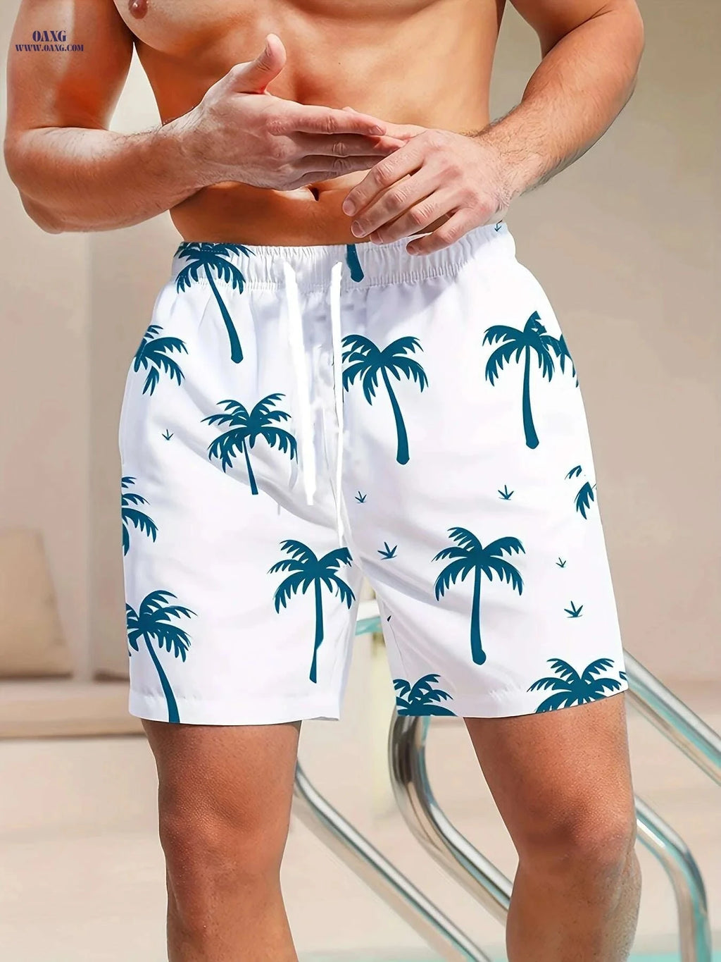 Men's Quick-Dry Beach Shorts - Tropical Palm Print, Relaxed Fit   OAXG White / S