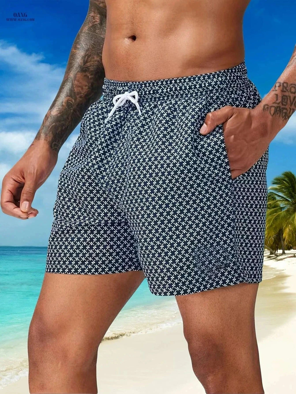 Men’s Quick-Dry Geometric Swim Trunks - Lightweight Summer Beach Shorts   OAXG Navy Blue / S