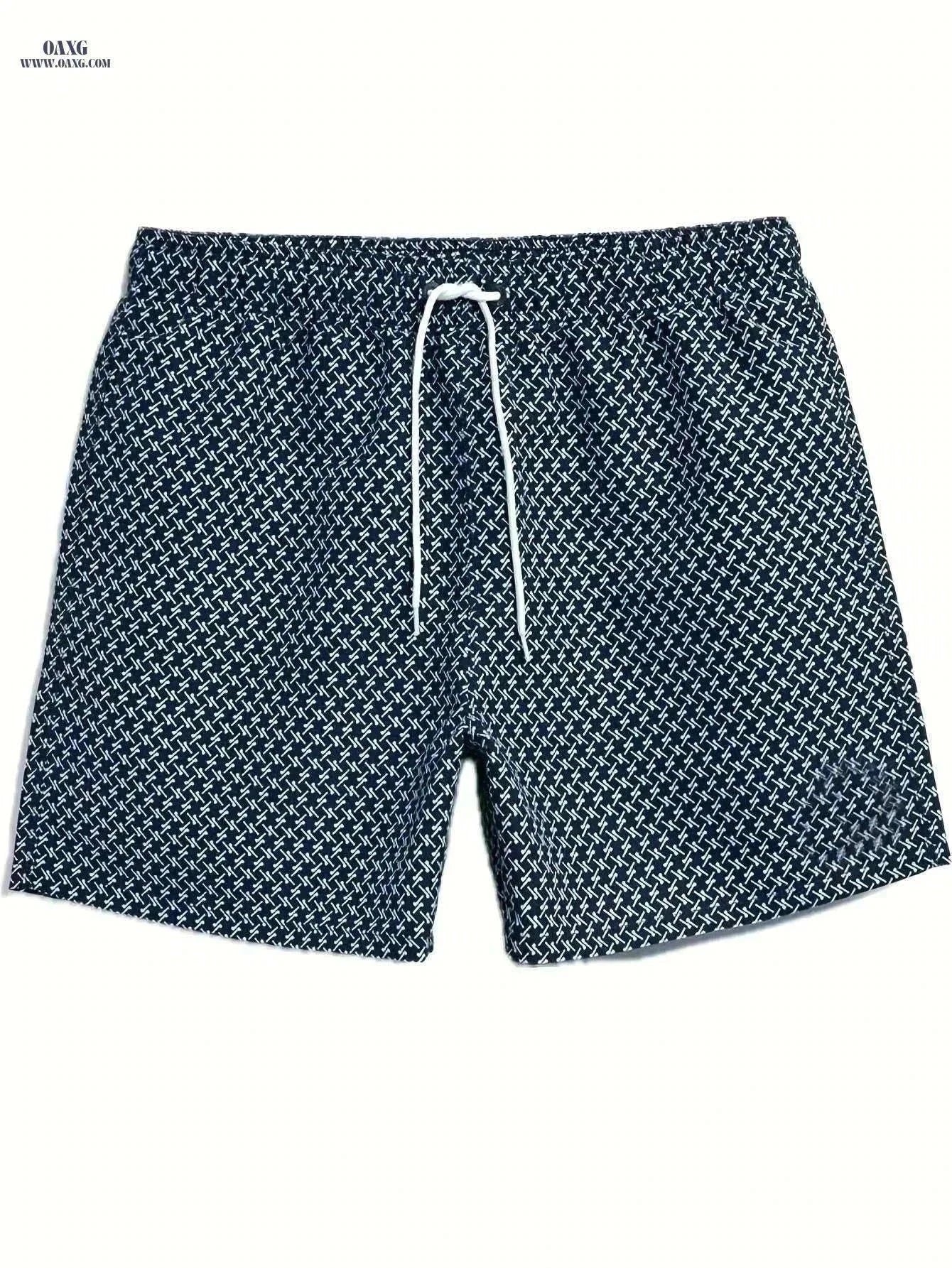 Men’s Quick-Dry Geometric Swim Trunks - Lightweight Summer Beach Shorts   OAXG Navy Blue / S