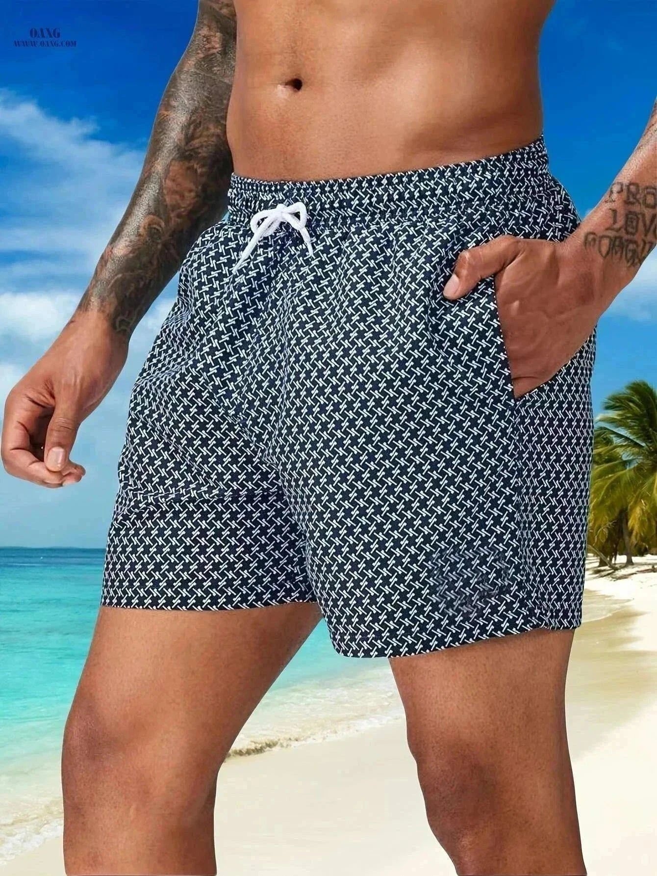 Men’s Quick-Dry Geometric Swim Trunks - Lightweight Summer Beach Shorts   OAXG Navy Blue / S