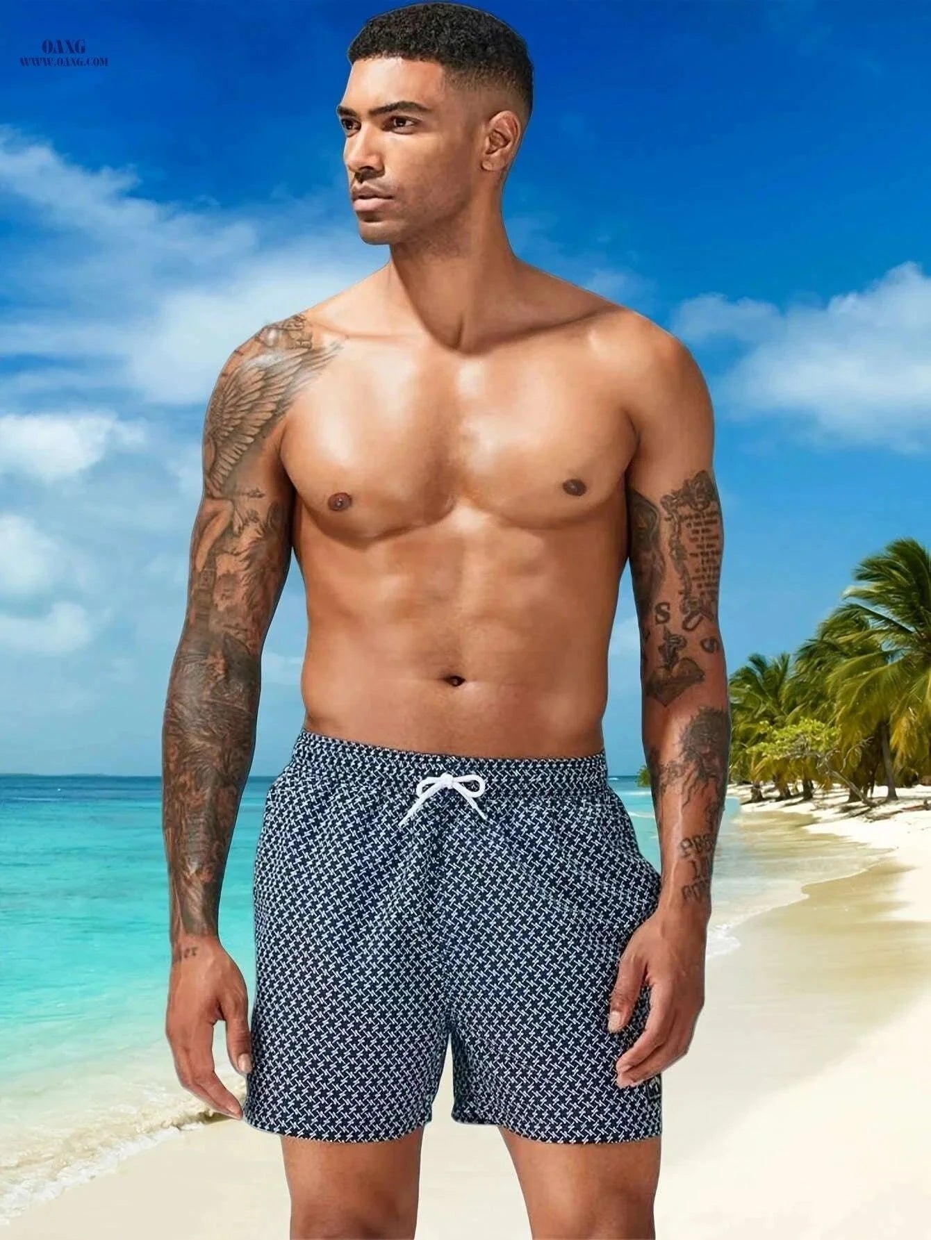 Men’s Quick-Dry Geometric Swim Trunks - Lightweight Summer Beach Shorts   OAXG Navy Blue / S