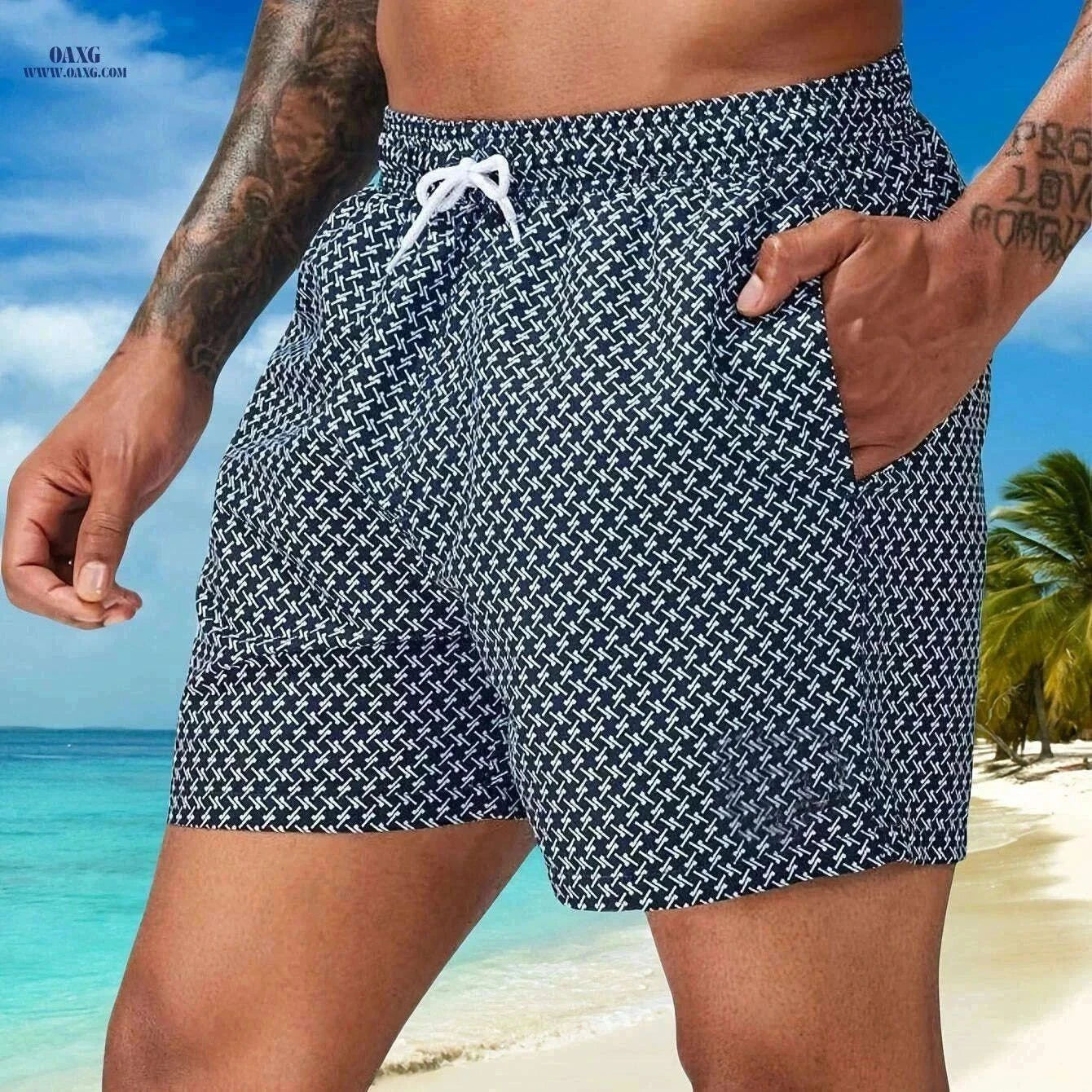Men’s Quick-Dry Geometric Swim Trunks - Lightweight Summer Beach Shorts   OAXG Navy Blue / S
