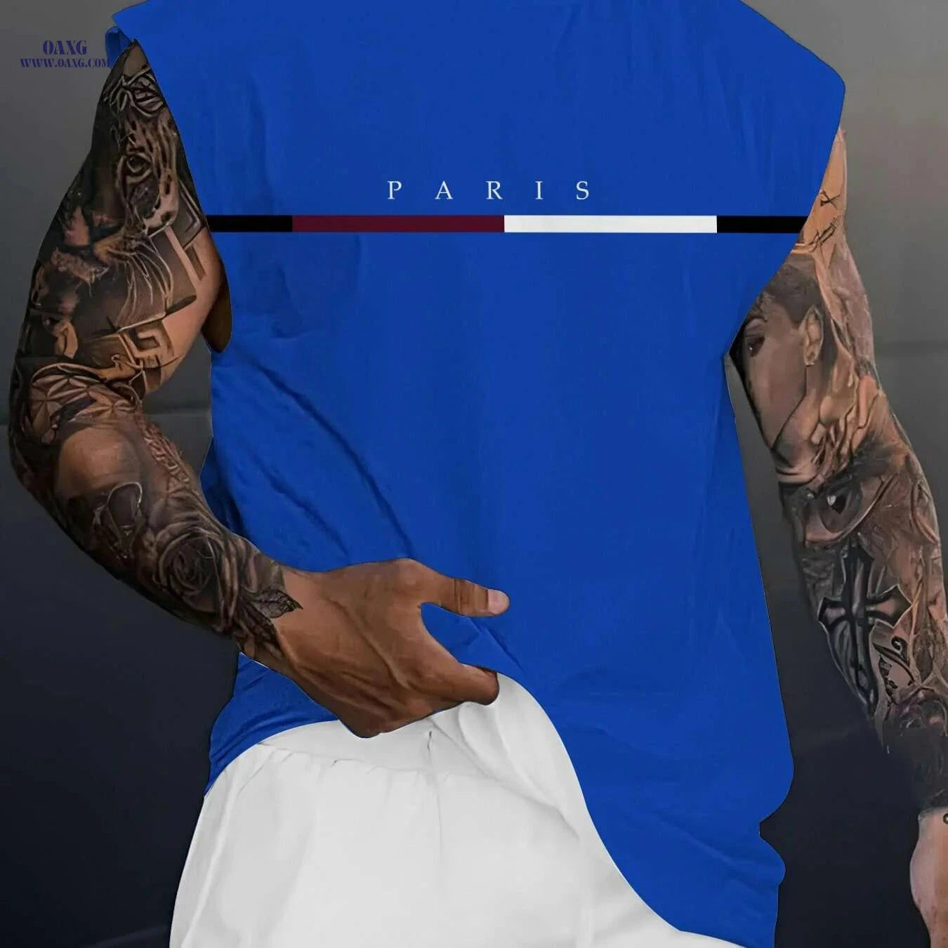 Men's Quick-Dry Muscle Tank Shirt - Lightweight Paris Print Design   OAXG Blue / S