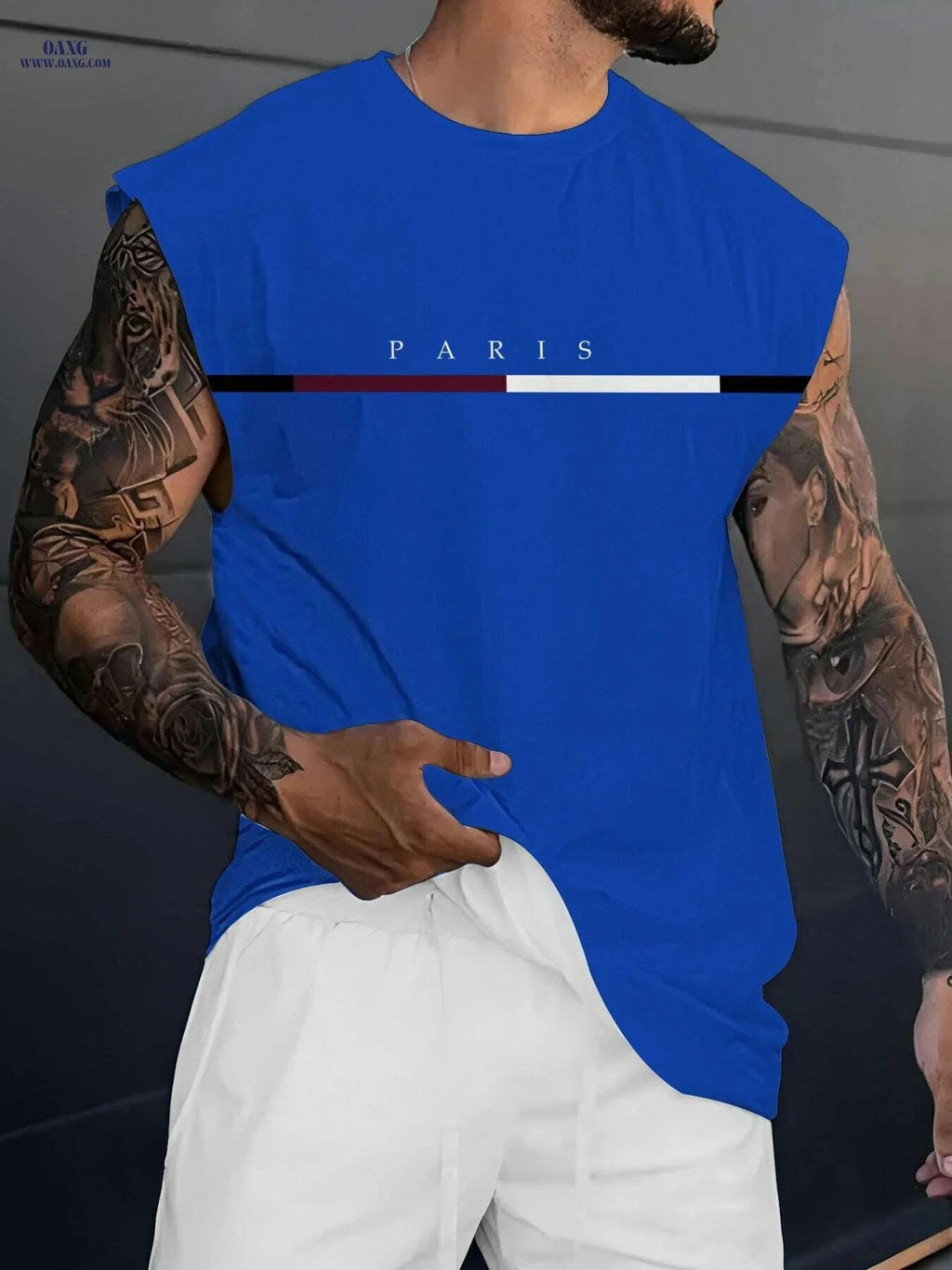 Men's Quick-Dry Muscle Tank Shirt - Lightweight Paris Print Design   OAXG Blue / S