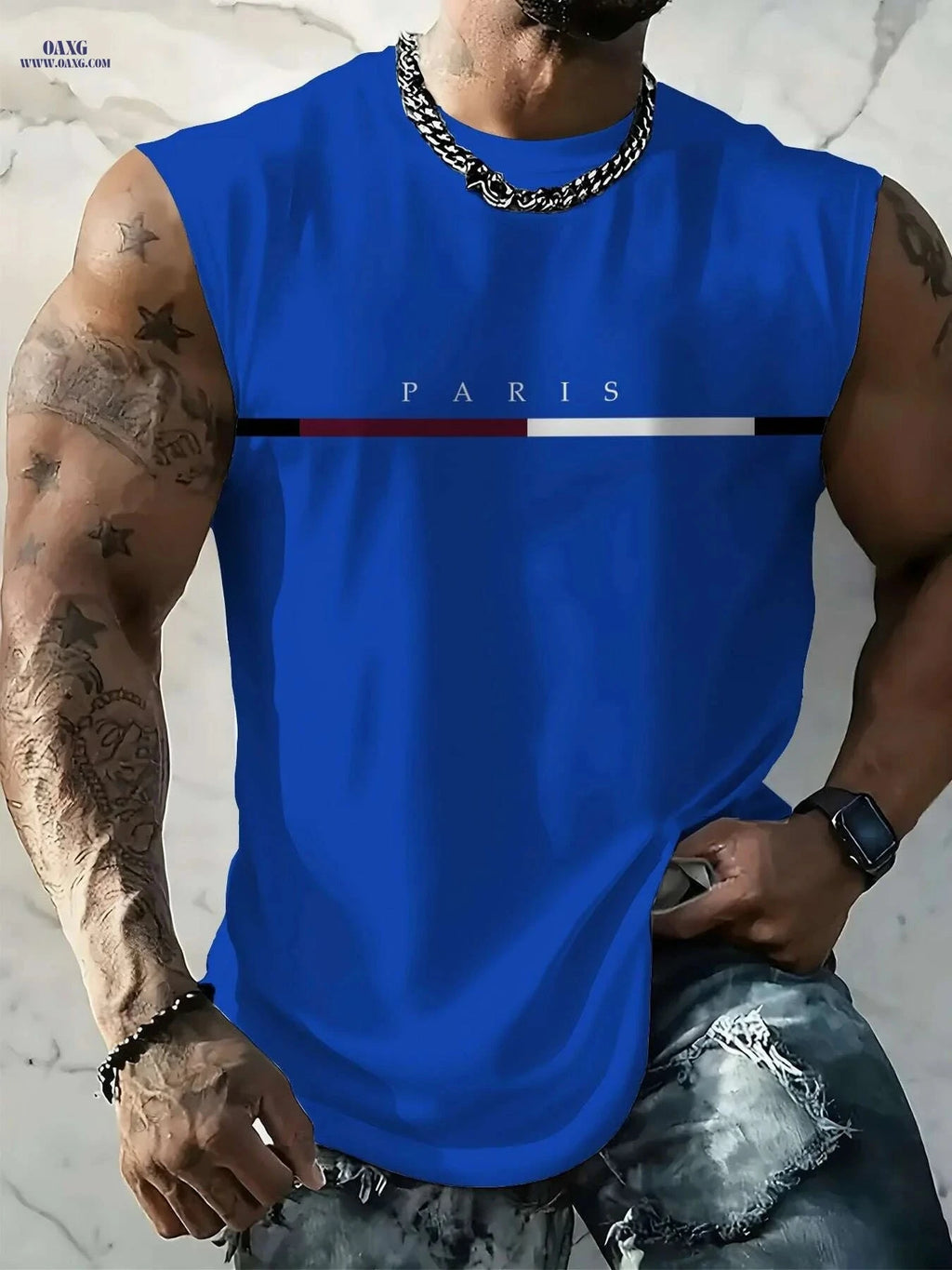 Men's Quick-Dry Muscle Tank Shirt - Lightweight Paris Print Design   OAXG Blue / S