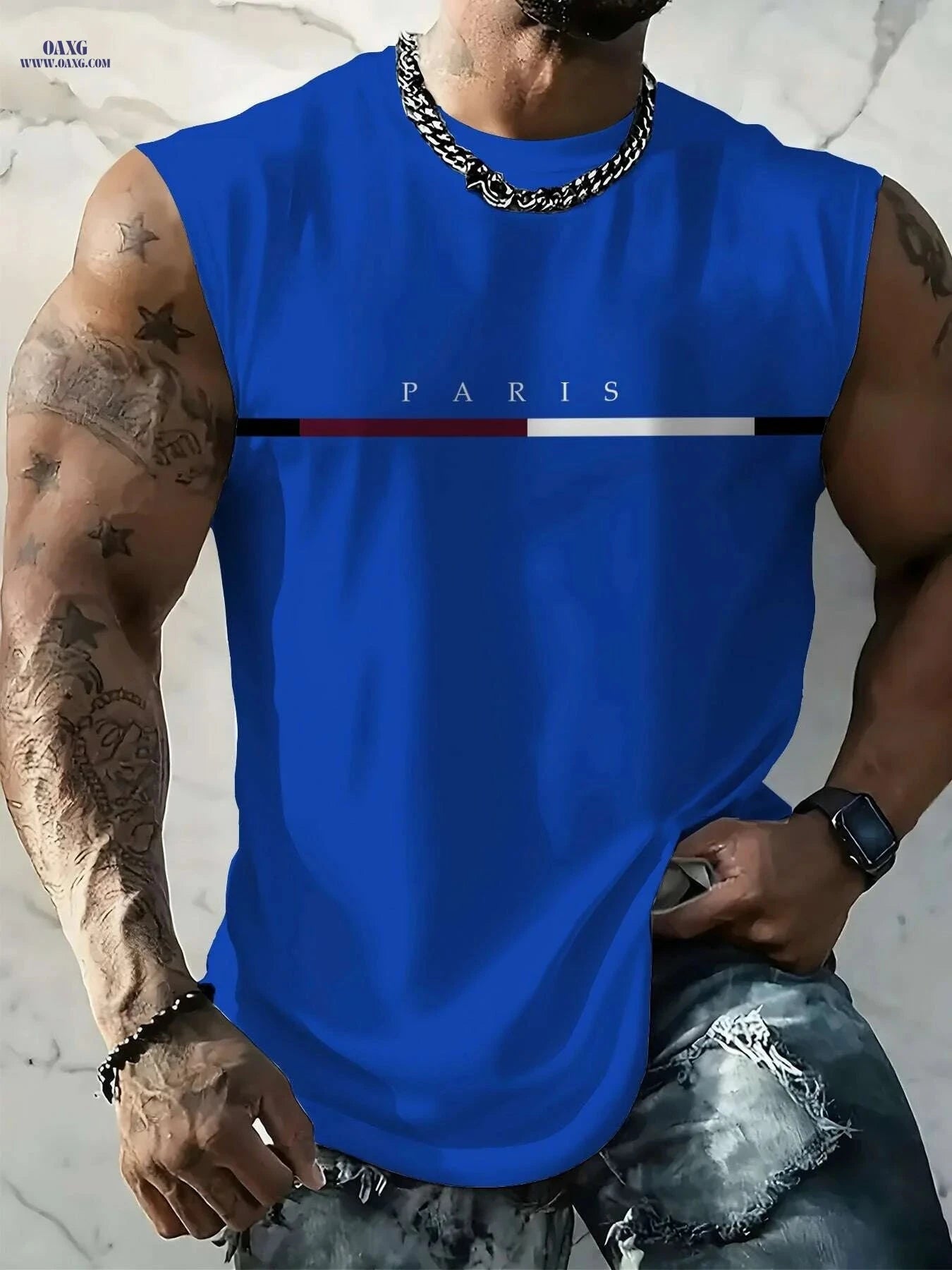 Men's Quick-Dry Muscle Tank Shirt - Lightweight Paris Print Design   OAXG Blue / S