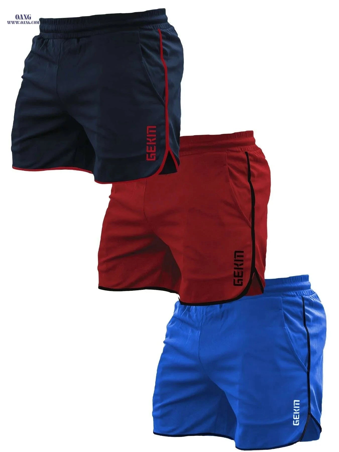 Men's Quick-Dry Sports Shorts - 5-Pocket Moisture-Wicking Fabric   OAXG Navy Blue + Black Red + Royal Blue / S