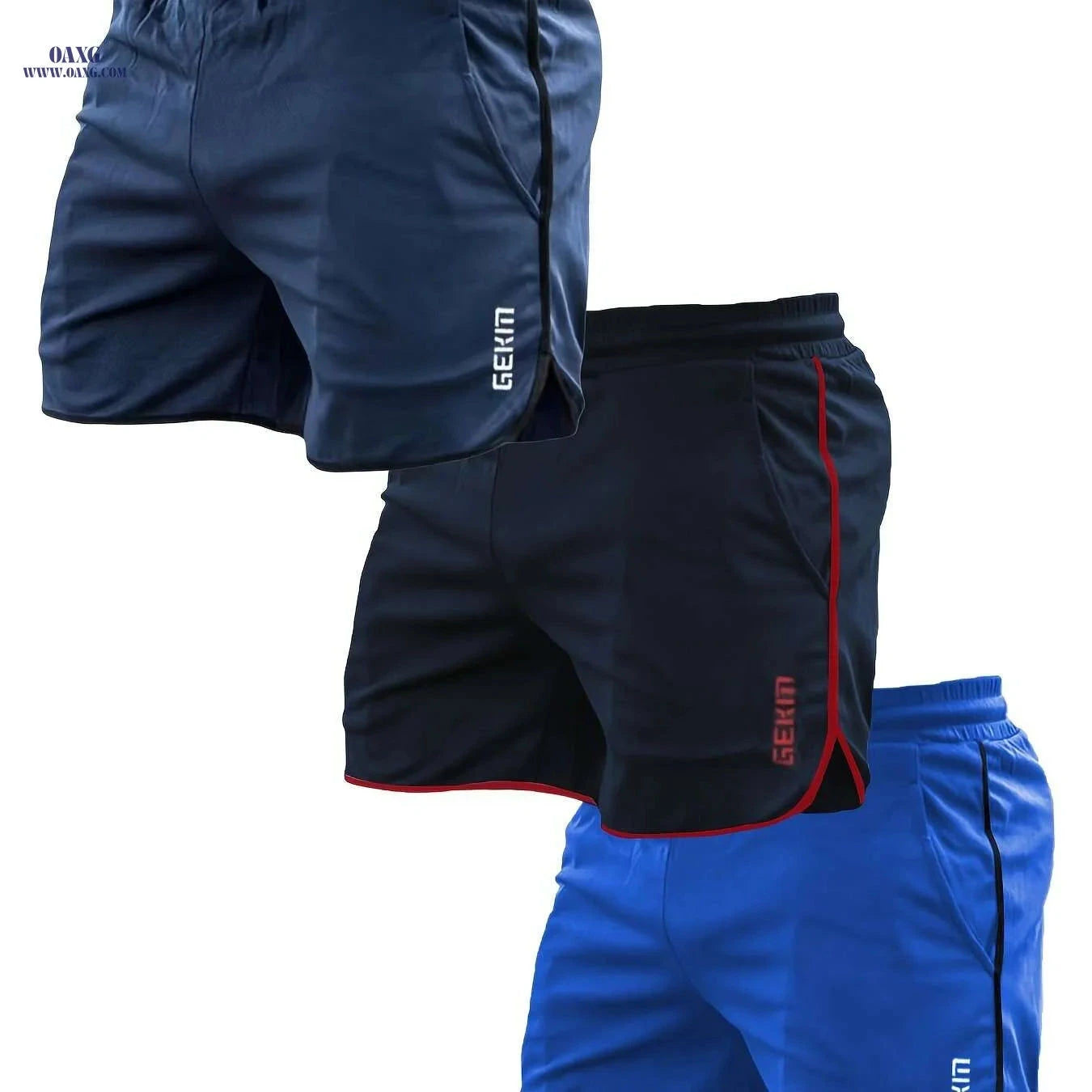 Men's Quick-Dry Sports Shorts - 5-Pocket Moisture-Wicking Fabric   OAXG Navy Blue + Black Red + Royal Blue / S