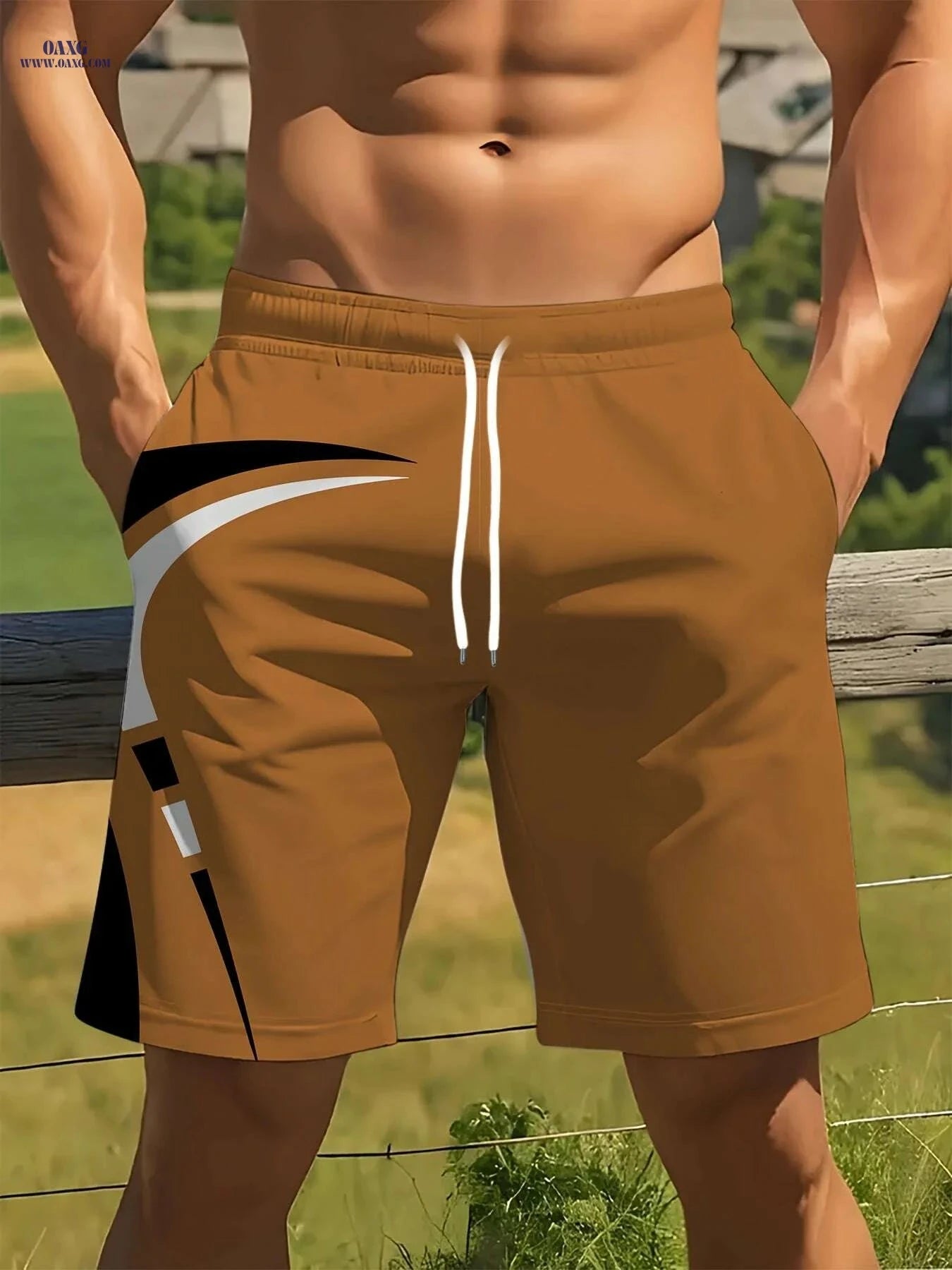 Men's Quick-Dry Summer Shorts - Beige Geometric Print Beachwear   OAXG 