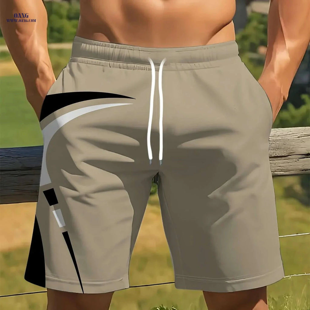 Men's Quick-Dry Summer Shorts - Beige Geometric Print Beachwear   OAXG 