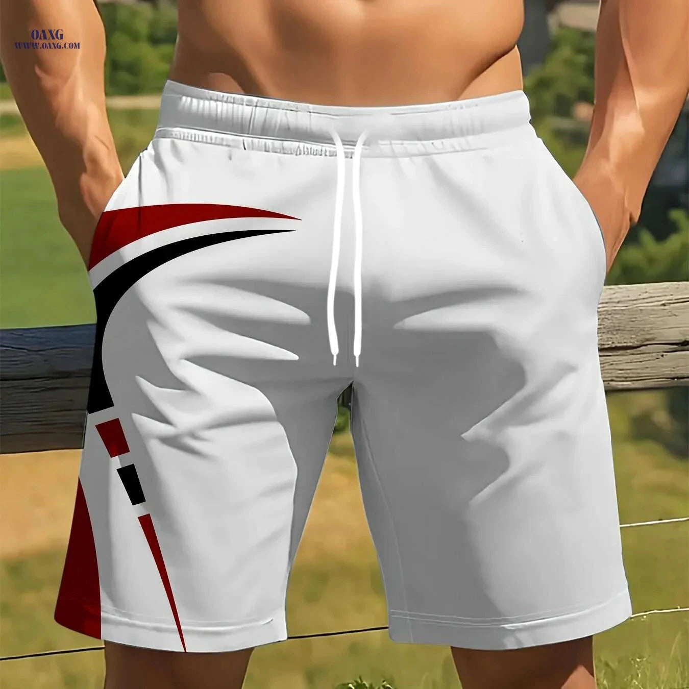 Men's Quick-Dry Summer Shorts - Beige Geometric Print Beachwear   OAXG 