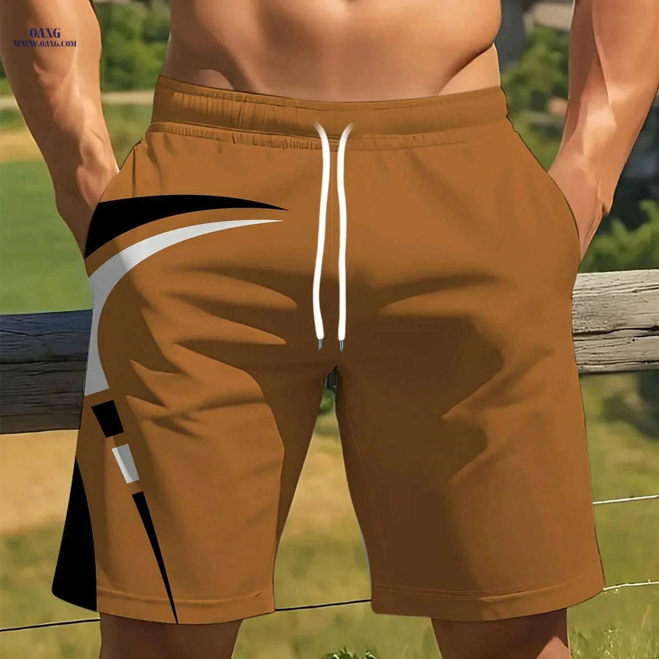 Men's Quick-Dry Summer Shorts - Beige Geometric Print Beachwear   OAXG 