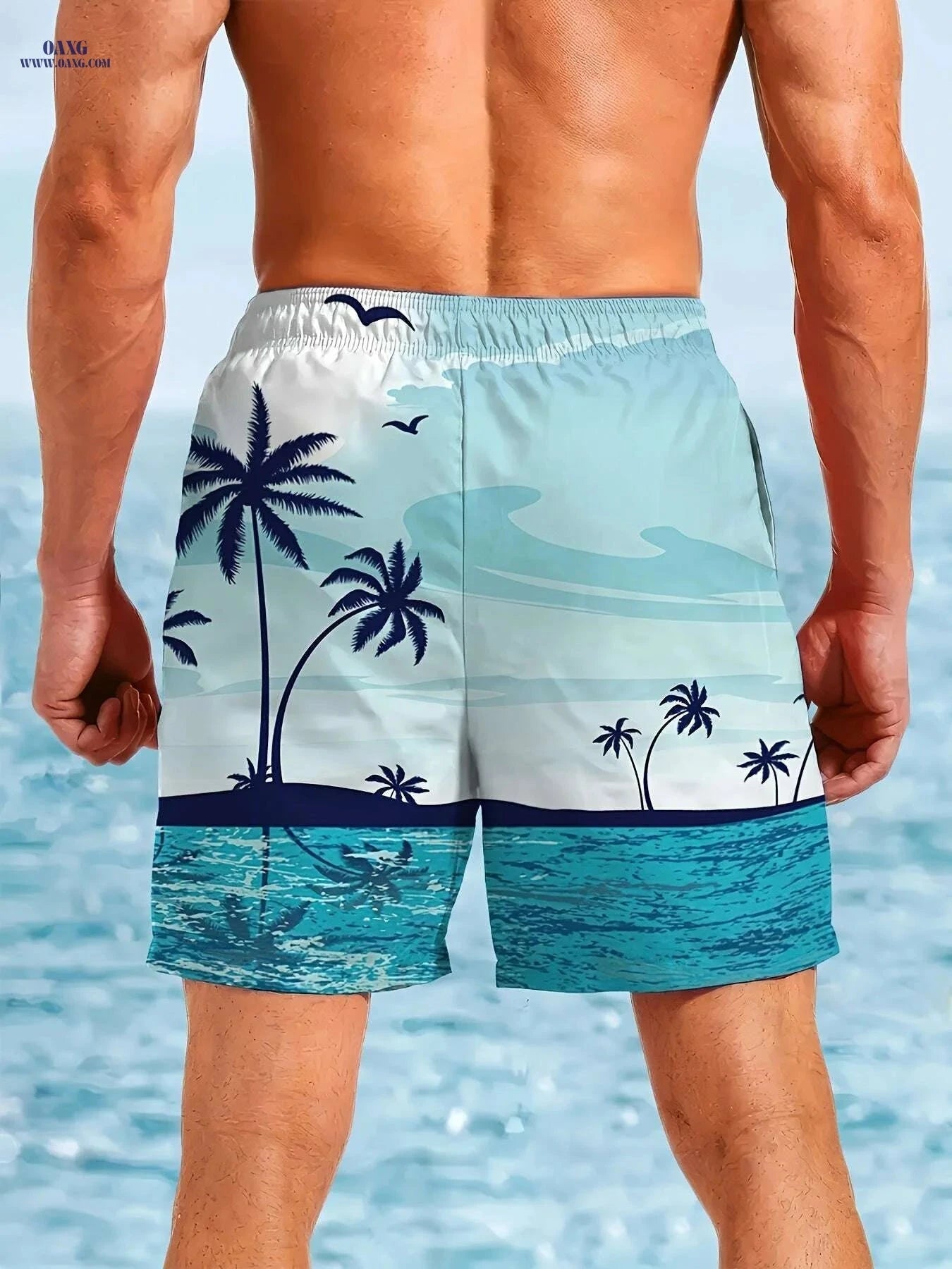 Men's Quick-Dry Swim Shorts - Lightweight Beach Trunks, Turquoise Print   OAXG Mixed Color / S