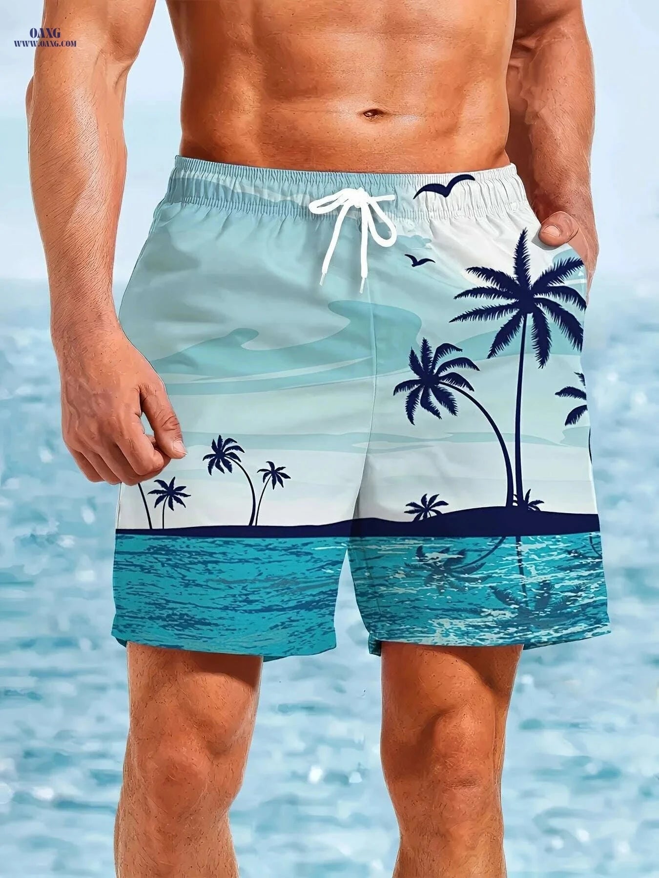 Men's Quick-Dry Swim Shorts - Lightweight Beach Trunks, Turquoise Print   OAXG Mixed Color / S