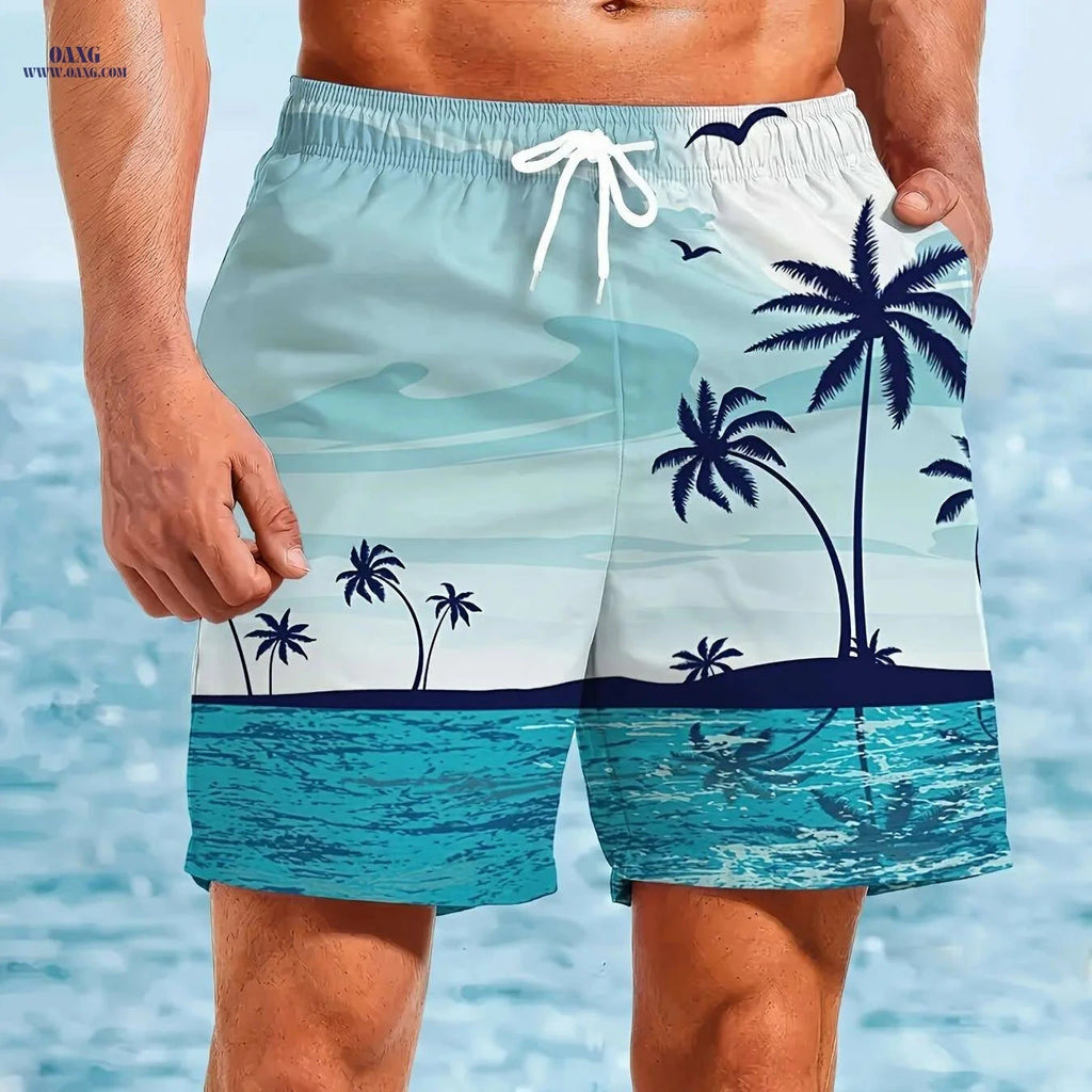 Men's Quick-Dry Swim Shorts - Lightweight Beach Trunks, Turquoise Print   OAXG Mixed Color / S
