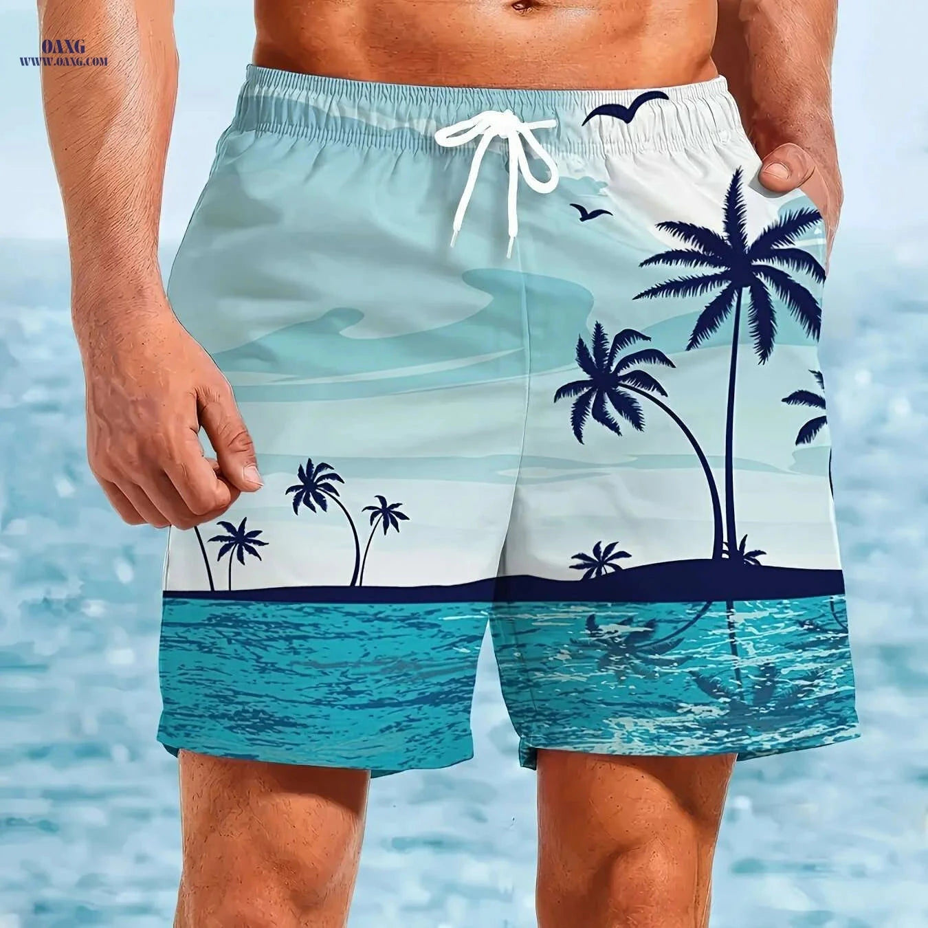 Men's Quick-Dry Swim Shorts - Lightweight Beach Trunks, Turquoise Print   OAXG Mixed Color / S