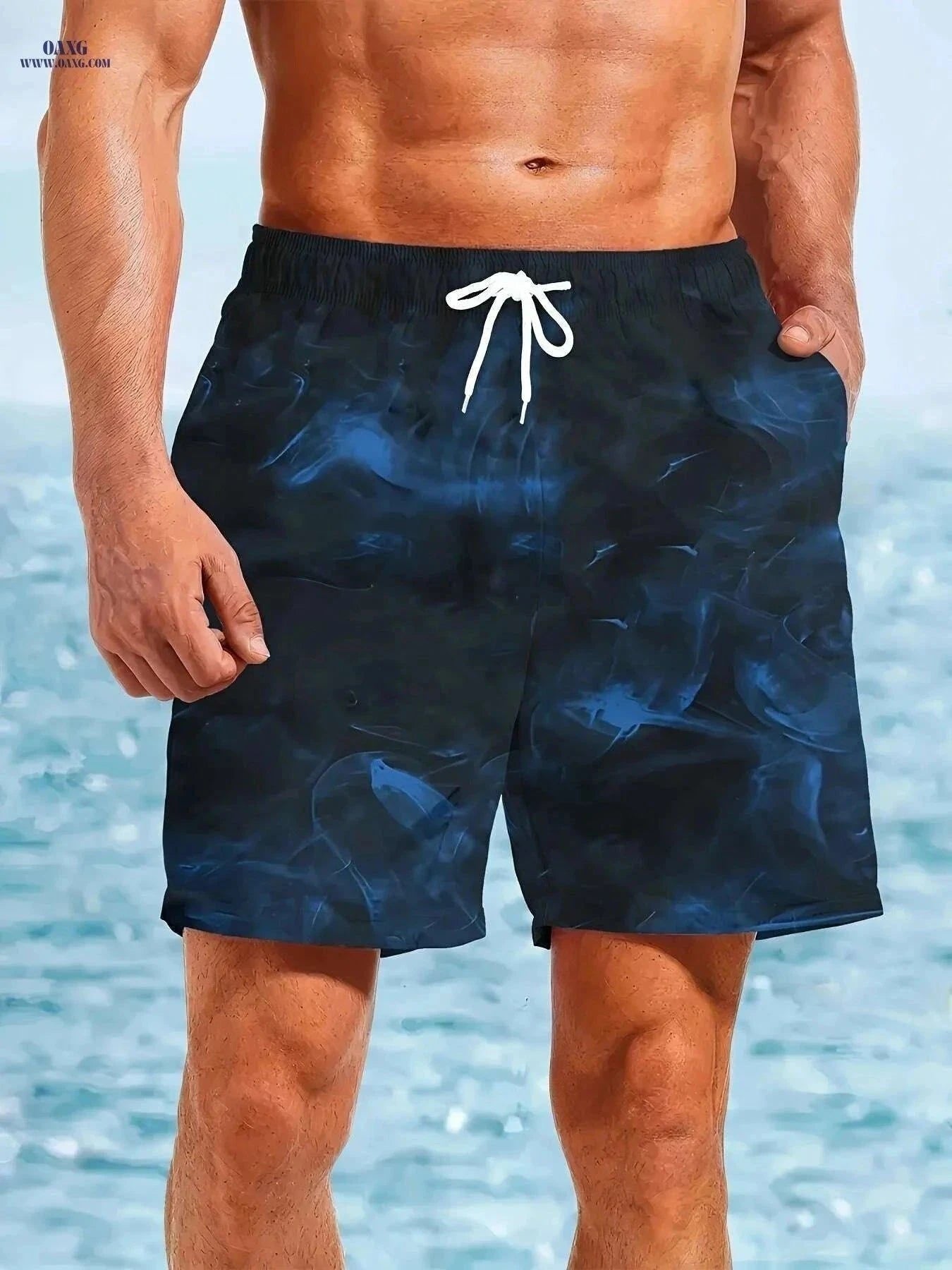 Men's Quick-Dry Swim Shorts - Navy Blue Board Shorts with Drawstring   OAXG Mixed Color / S