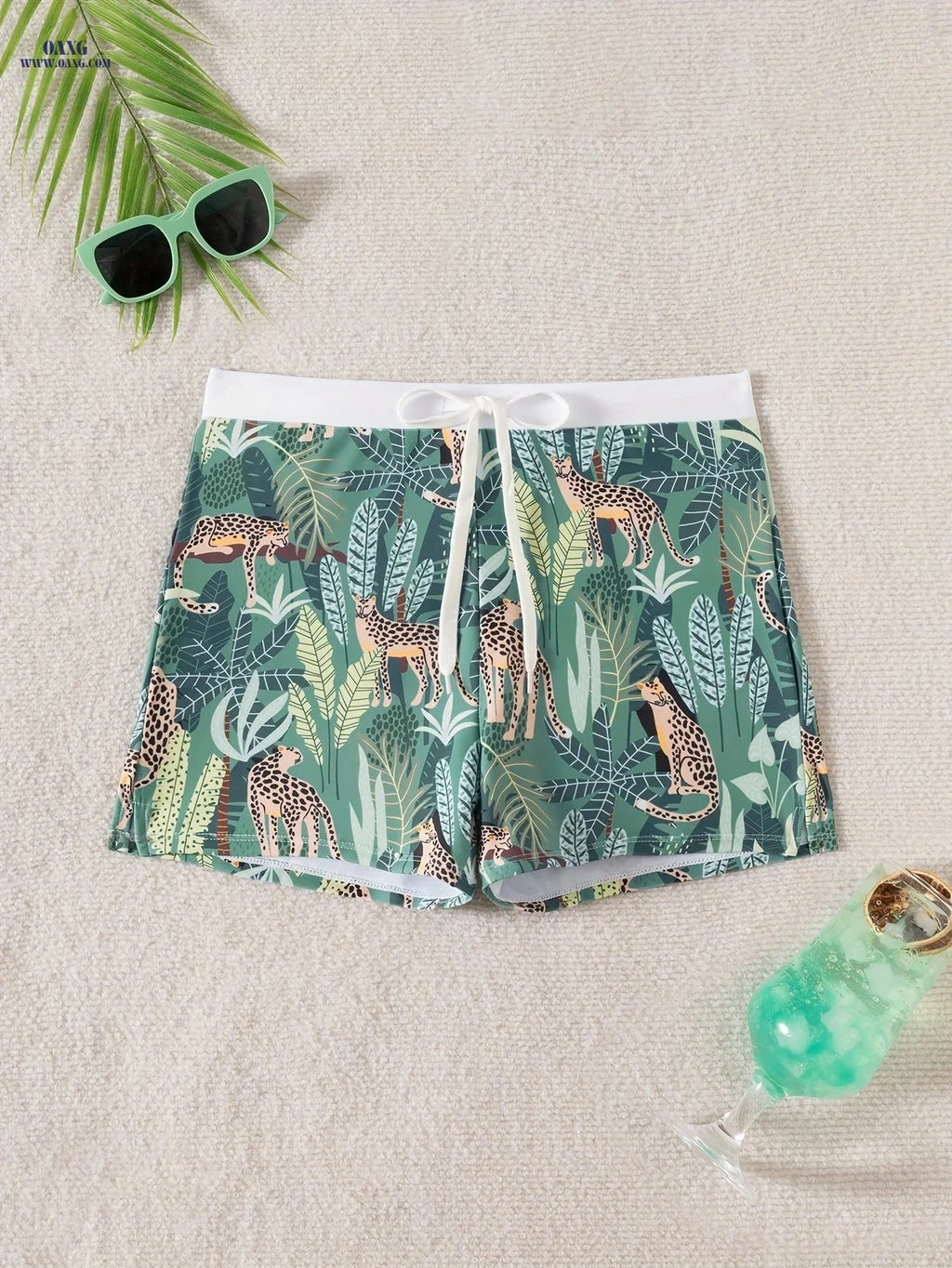 Men's Quick-Dry Swim Shorts - Tropical Leopard Print with Drawstring   OAXG Dark Green / FR S